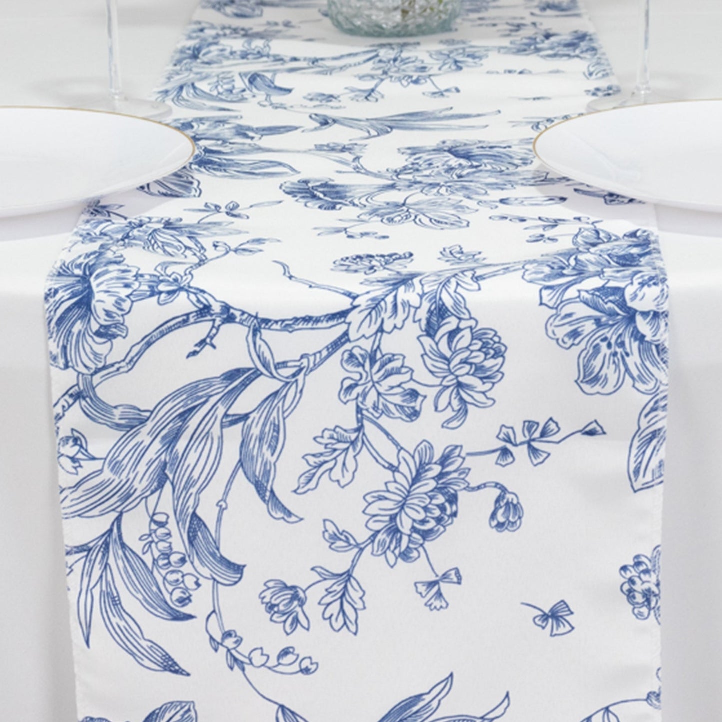 Polyester Table Runner 12"x108" White with Blue French Toile Floral Print - Stylish Reusable Table DÃ©cor