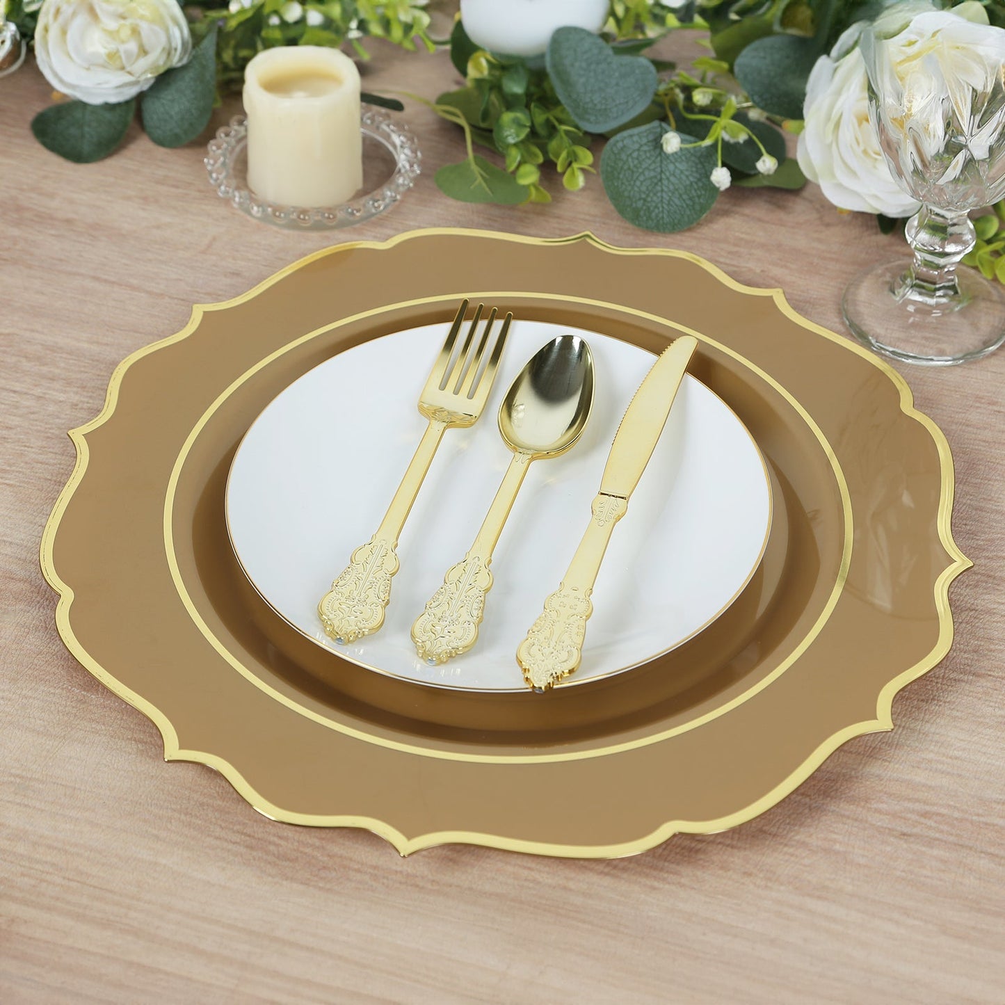 10-Pack Economy Plastic Round Charger Plates 13" in Gold with Scalloped Rim, Decorative Dinner Party Serving Plates