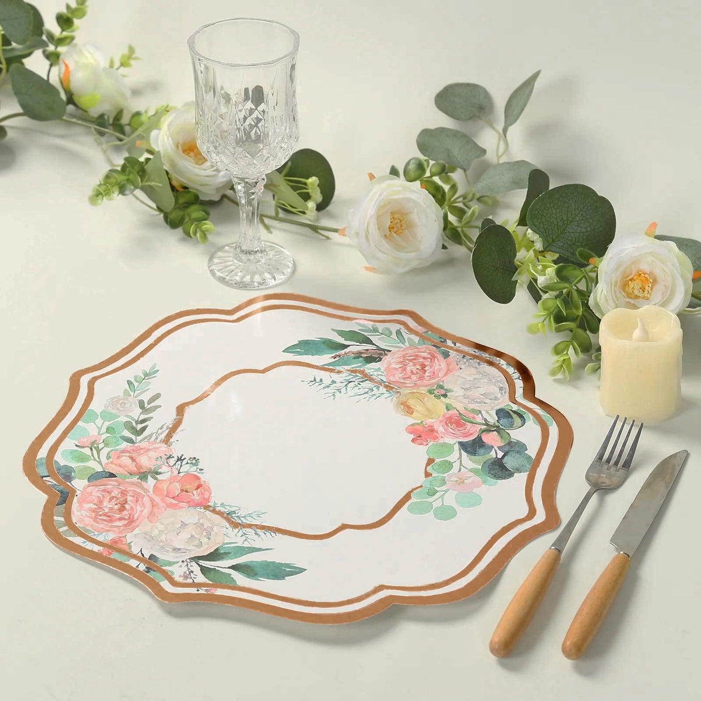 10-Pack Disposable Table Placemats in White with Peony Flowers Print & Rose Gold 13"