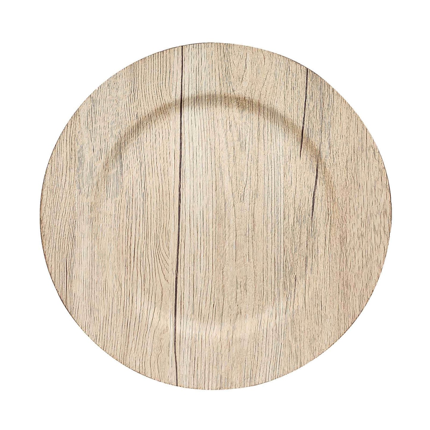 6-Pack Plastic Round Charger Plates 13" in Natural with Faux Wood Finish, Rustic Boho Chic Dinner Party Charger Tableware