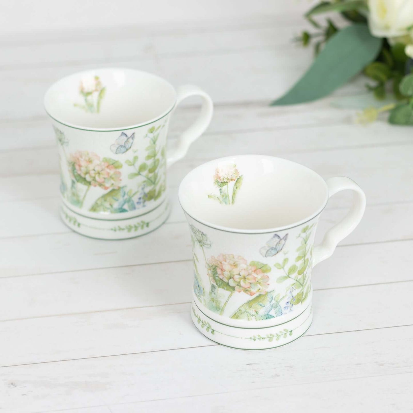 Greenery Theme Bridal Shower Gift Set, 2 Pack Porcelain Tea Cups With Matching Keepsake Gift Box and Satin Ribbon Handle