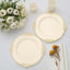 10-Pack Plastic 8" Round Dessert Plates in Ivory with Gold Leaf Embossed Rim - Disposable Vintage Baroque Style Salad Plates