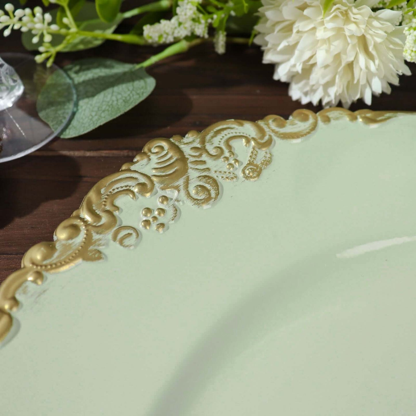 6-Pack Acrylic Round Charger Plates 13" in Sage Green with Gold Embossed Baroque Rim, Antique Decorative Dinner Party Charger Tableware