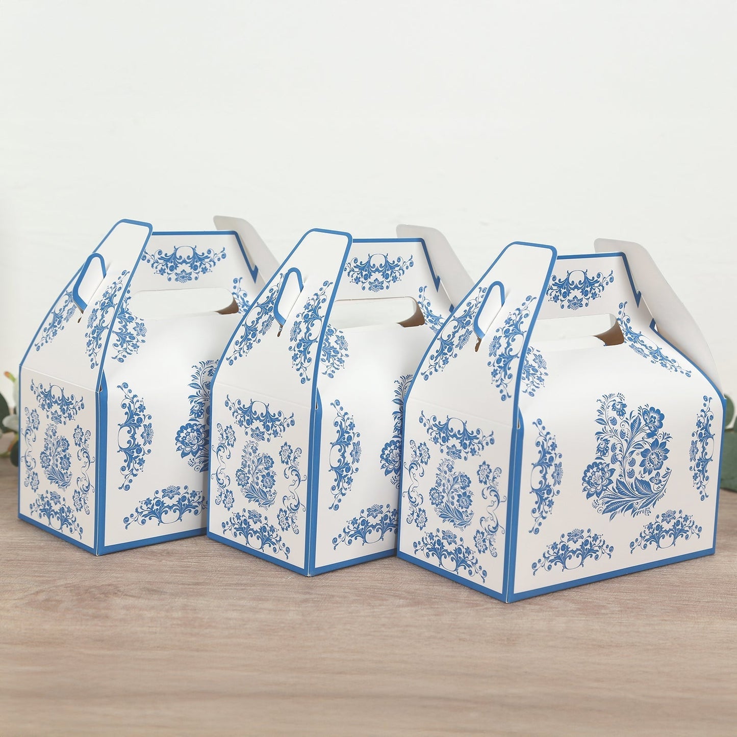 25 Pack Candy Gift Tote Gable Boxes in White Royal Blue Damask Floral Pattern, Party Favor Treat Boxes - 6"x3.5"x7"