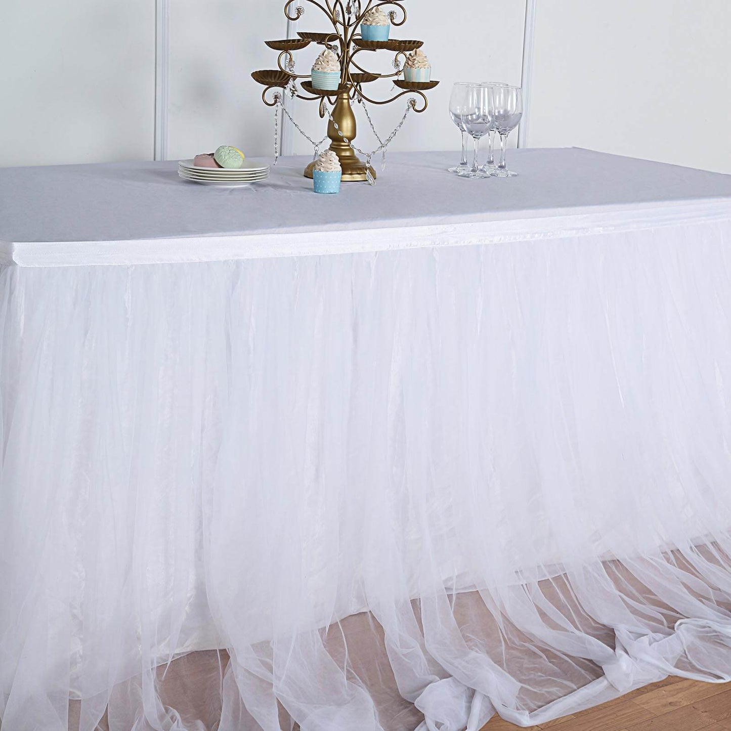 Extra Long Tulle 14ft Table Skirt White with Satin Edge - Table Cover for Baby Showers & Events
