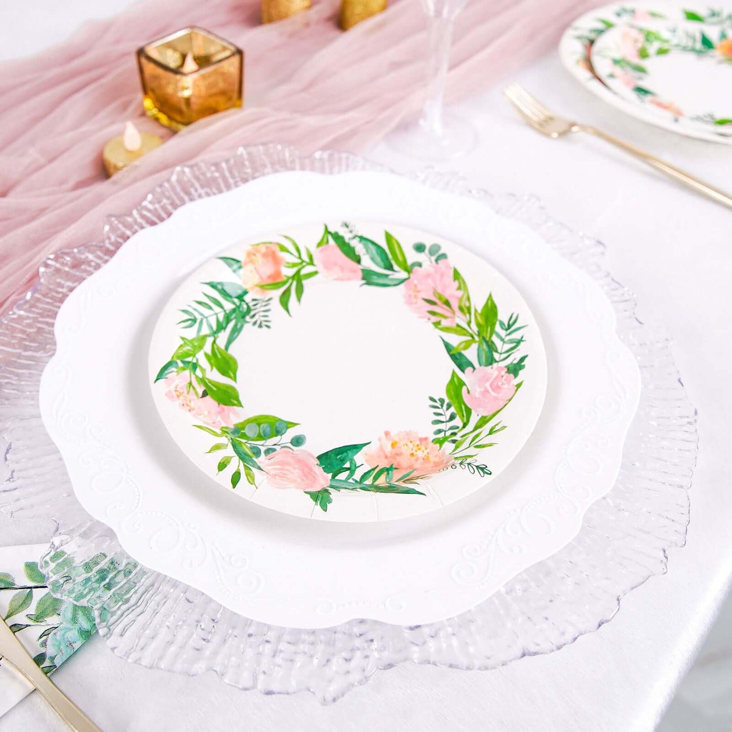 25-Pack Paper 7" Round Dessert Plates in White with Rose/Peony Flower Wreath - Disposable Appetizer Salad Plates for Special Occasions & Gatherings