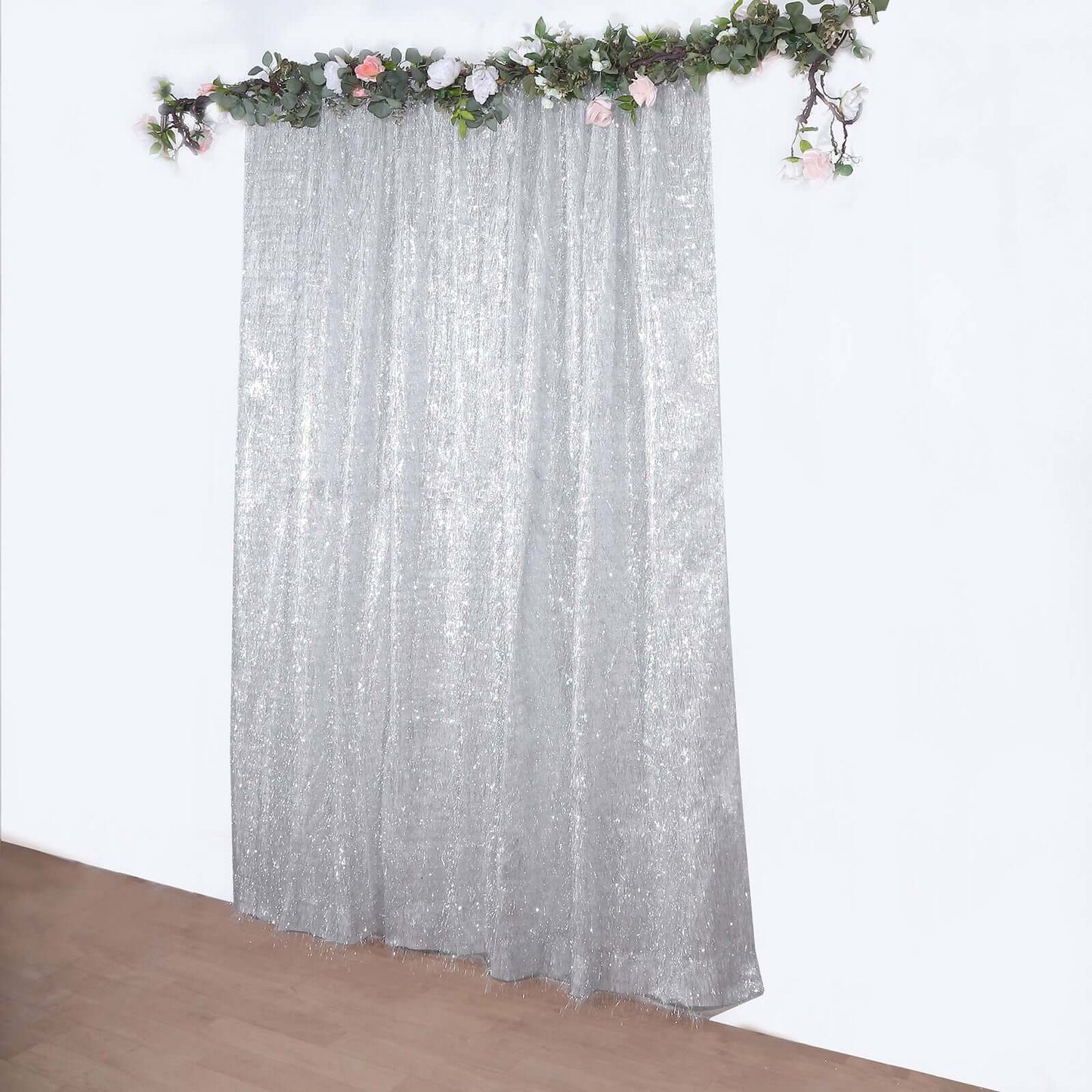 8ft Silver Metallic Fringe Shag Event Drapery Panel, Shimmery Tinsel Polyester Divider Backdrop Curtain