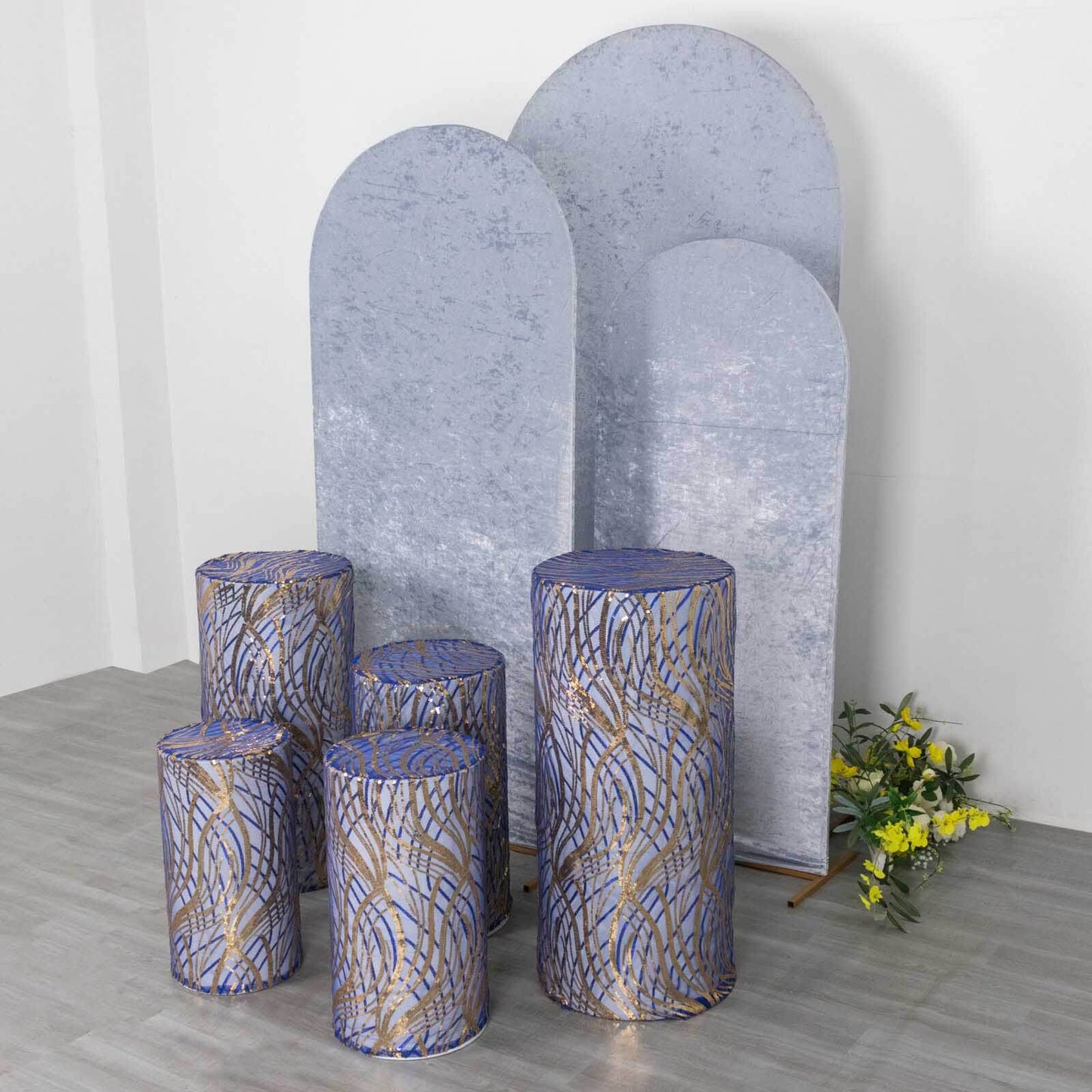 Set of 5 Royal Blue Wave Mesh Cylinder Pedestal Stand Covers with Embroidered Sequins, Pillar Prop Covers - 160 GSM