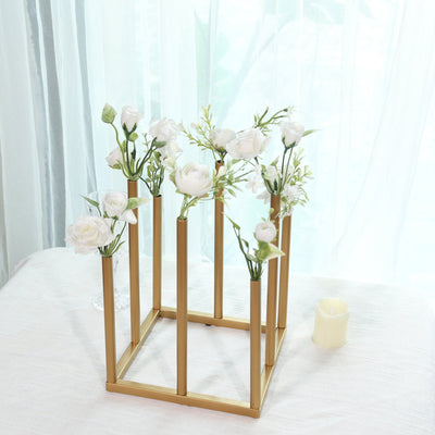 Flower Vase Gold Metal Minimalist 8-Tubes Square Base Design - Single Stem Bud Centerpiece for Arrangements 10’’