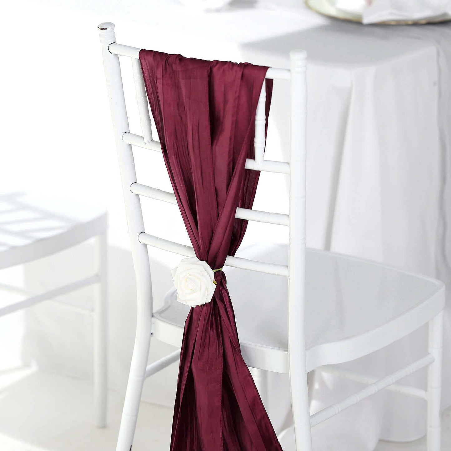 5 Pack Taffeta 6"x106" Chair Sashes Burgundy Accordion Crinkle Texture - Stylish Decor for Weddings & Gatherings