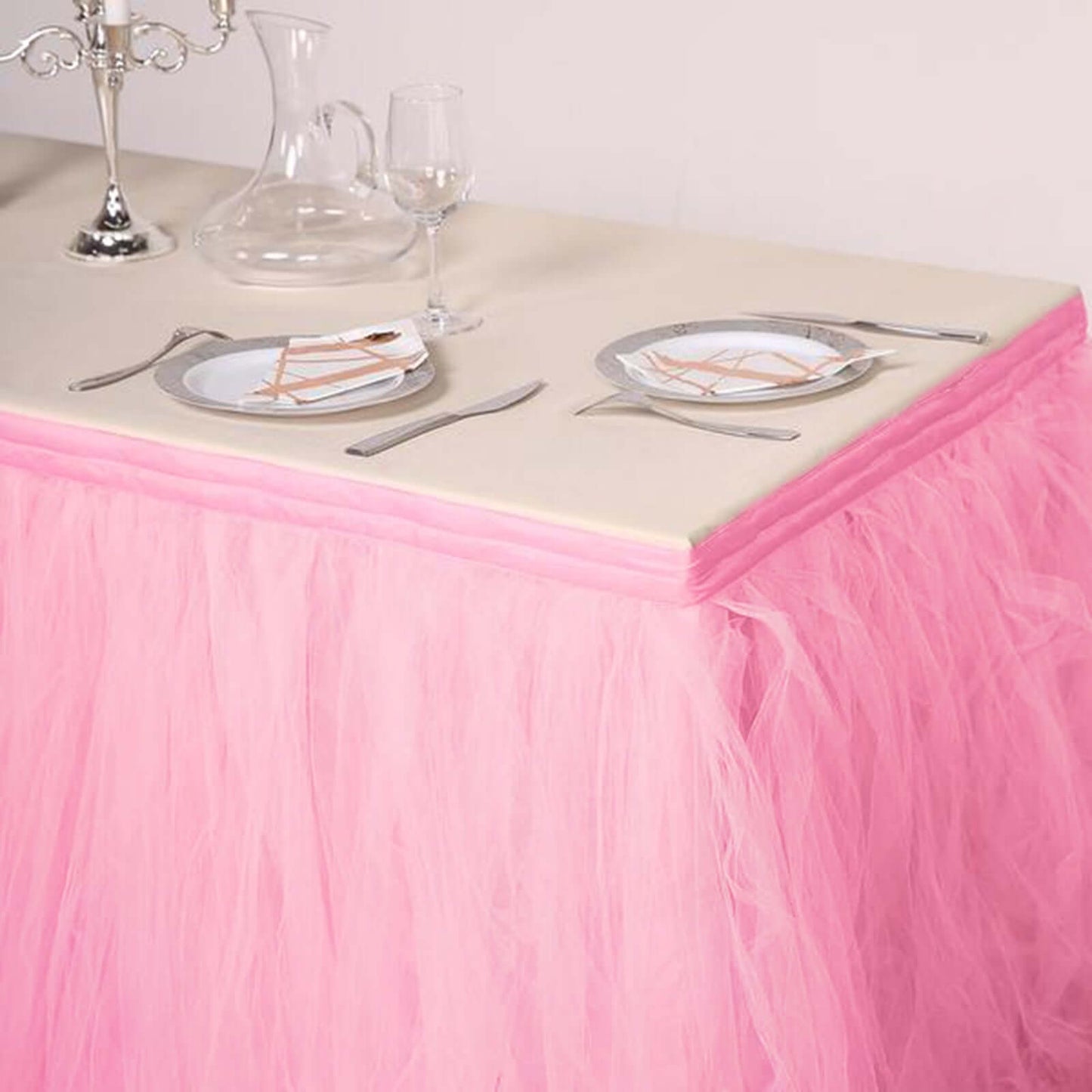 Tulle 21ft Table Skirt Pink/Rose Quartz - 4 Layer Pleated Tutu Table Cover