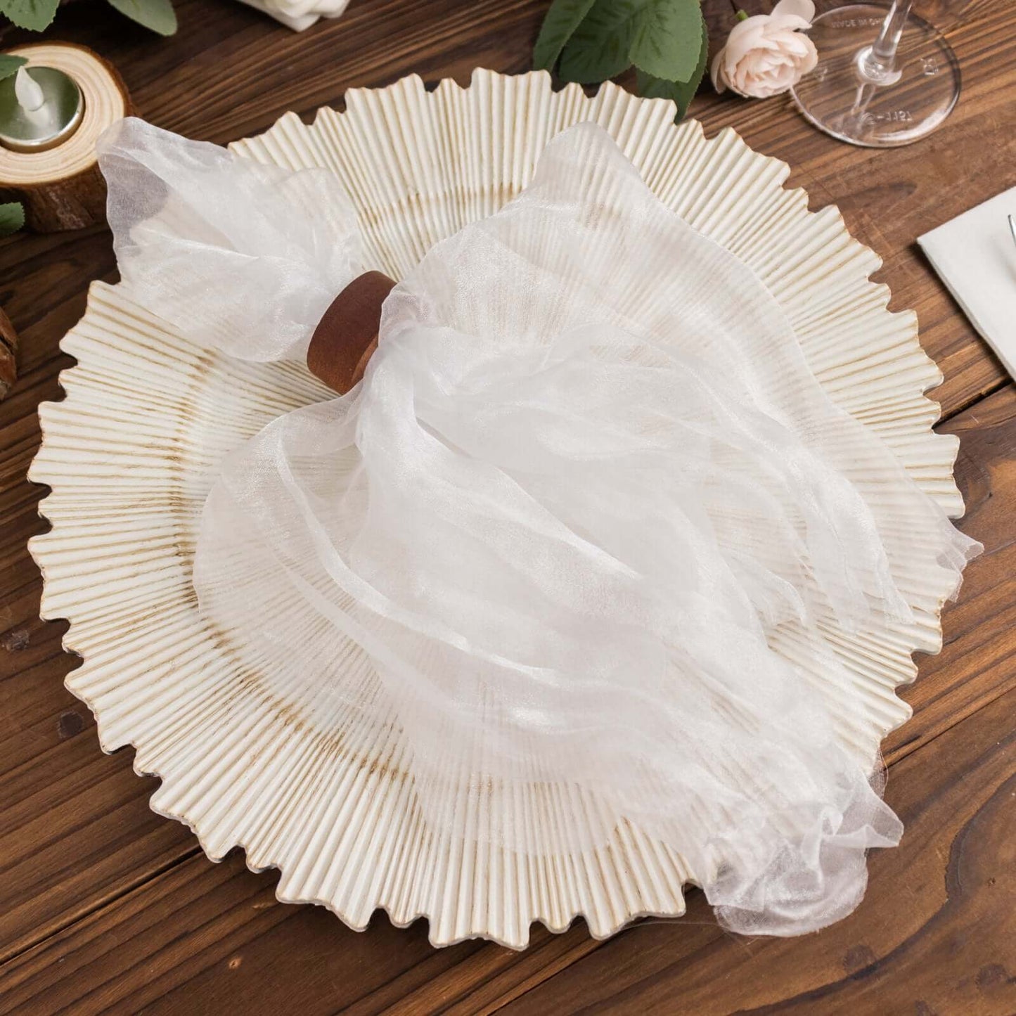 5 Pack Crinkled Organza 21"x21" Napkins White - Classy Rustic Style Dinner & Party Napkins
