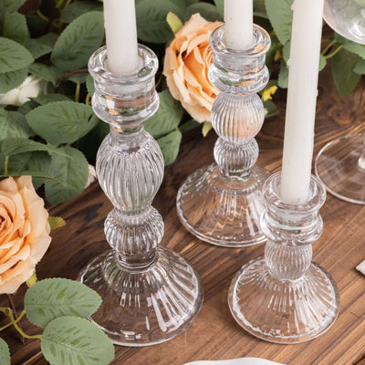 Set of 3 Glass Taper Candle Holders Fluted Design Clear - Ribbed Crystal Candlestick Stands 4", 6", 8"
