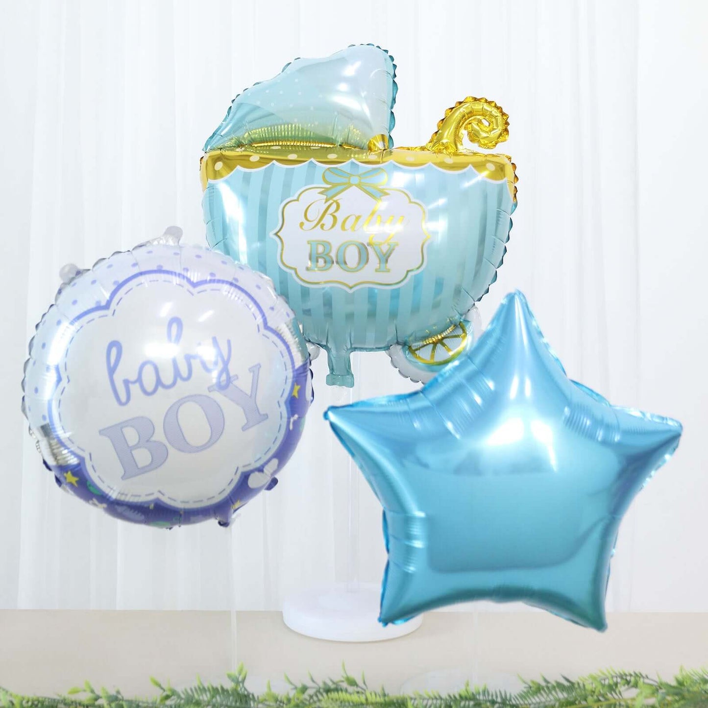 Set of 5 Blue White Boy Baby Shower Mylar Foil Balloon Set, Star, Round and Baby Carriage Balloon Bouquet With Ribbon, Gender Reveal Party Decorations