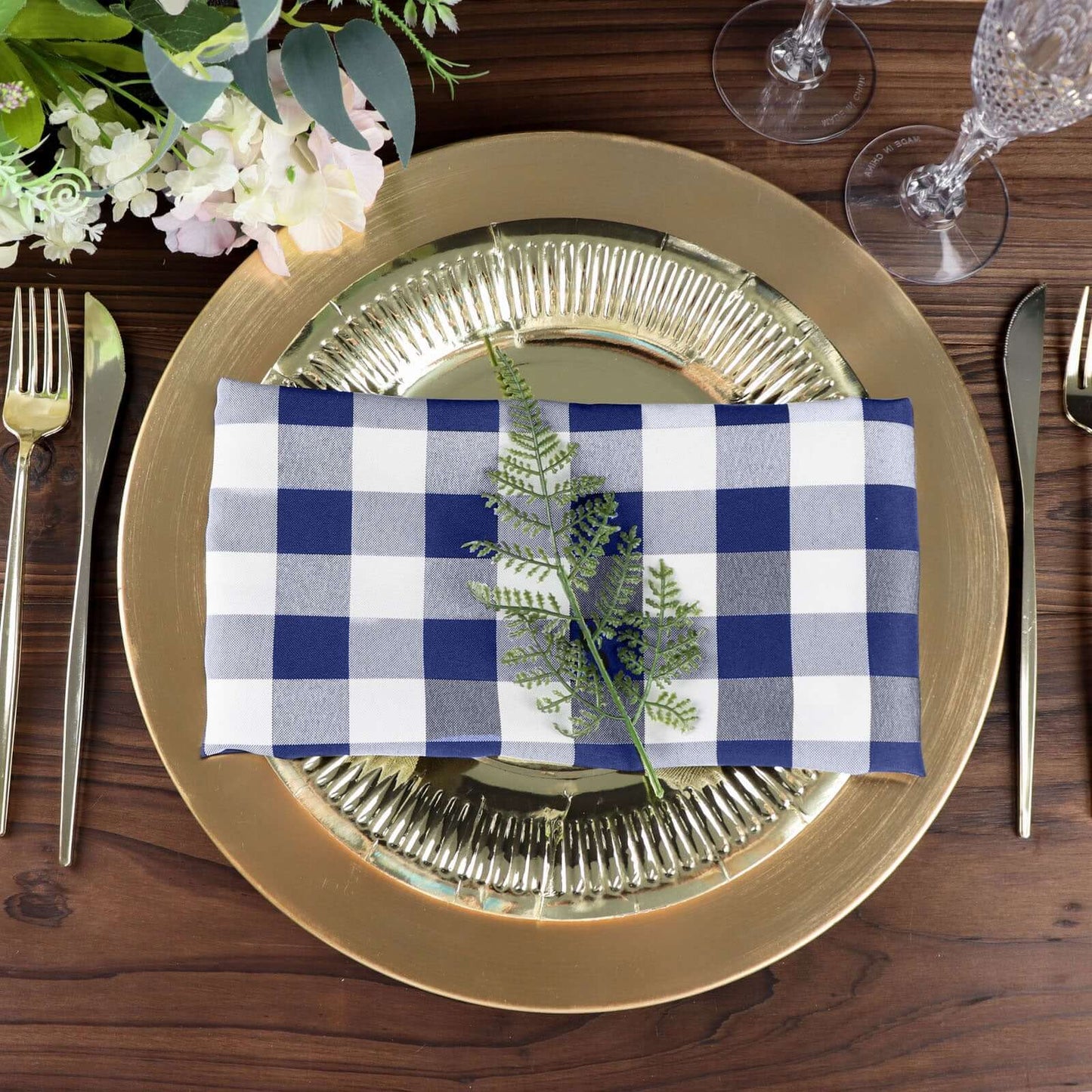 5 Pack Polyester 15"x15" Napkins Navy Blue/White Buffalo Plaid Gingham Style Cloth Napkins