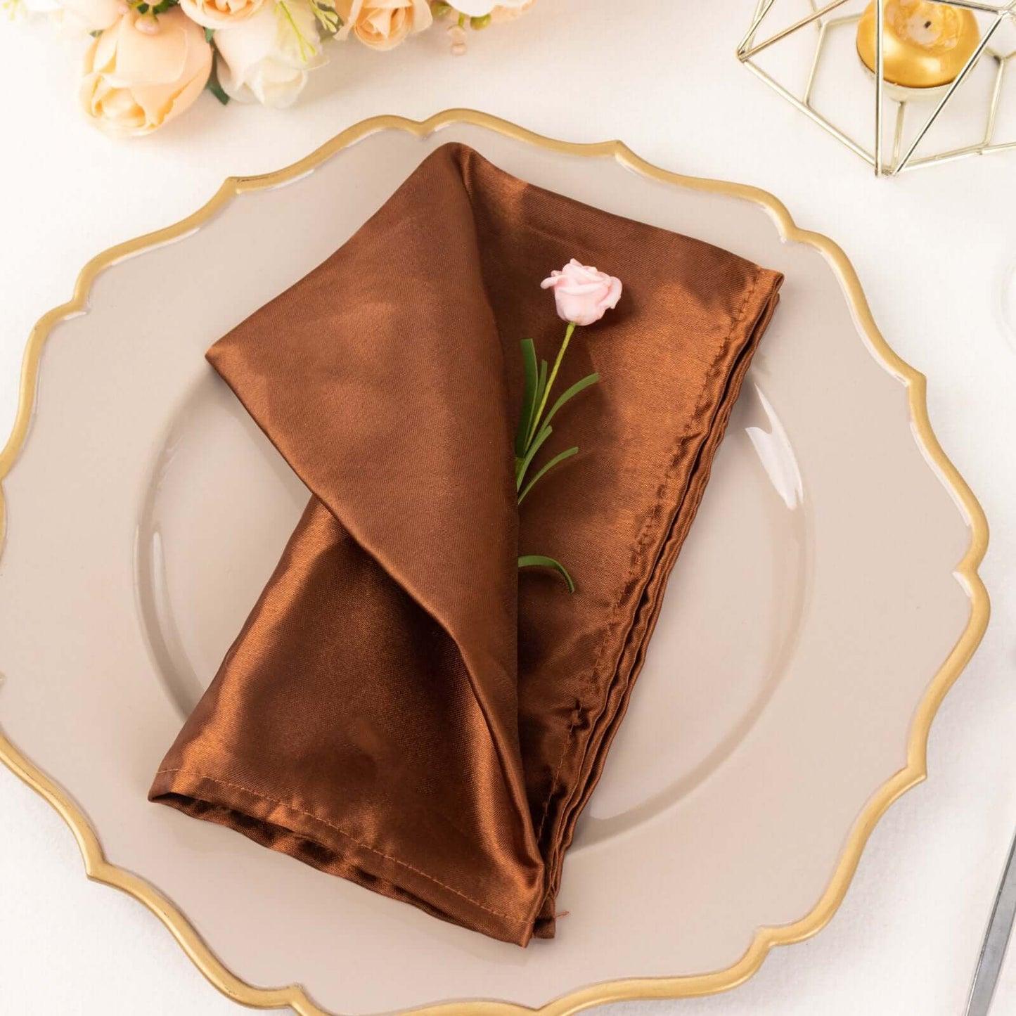5 Pack Satin 20"x20" Napkins Cinnamon Brown - Luxurious Shine & Smooth Dinner Napkins