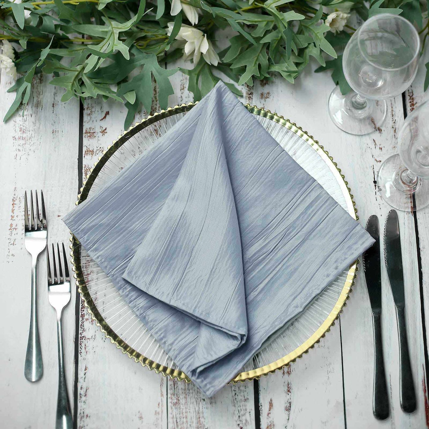 5 Pack Taffeta 20"x20" Napkins Dusty Blue - Accordion Crinkle Dinner Napkins