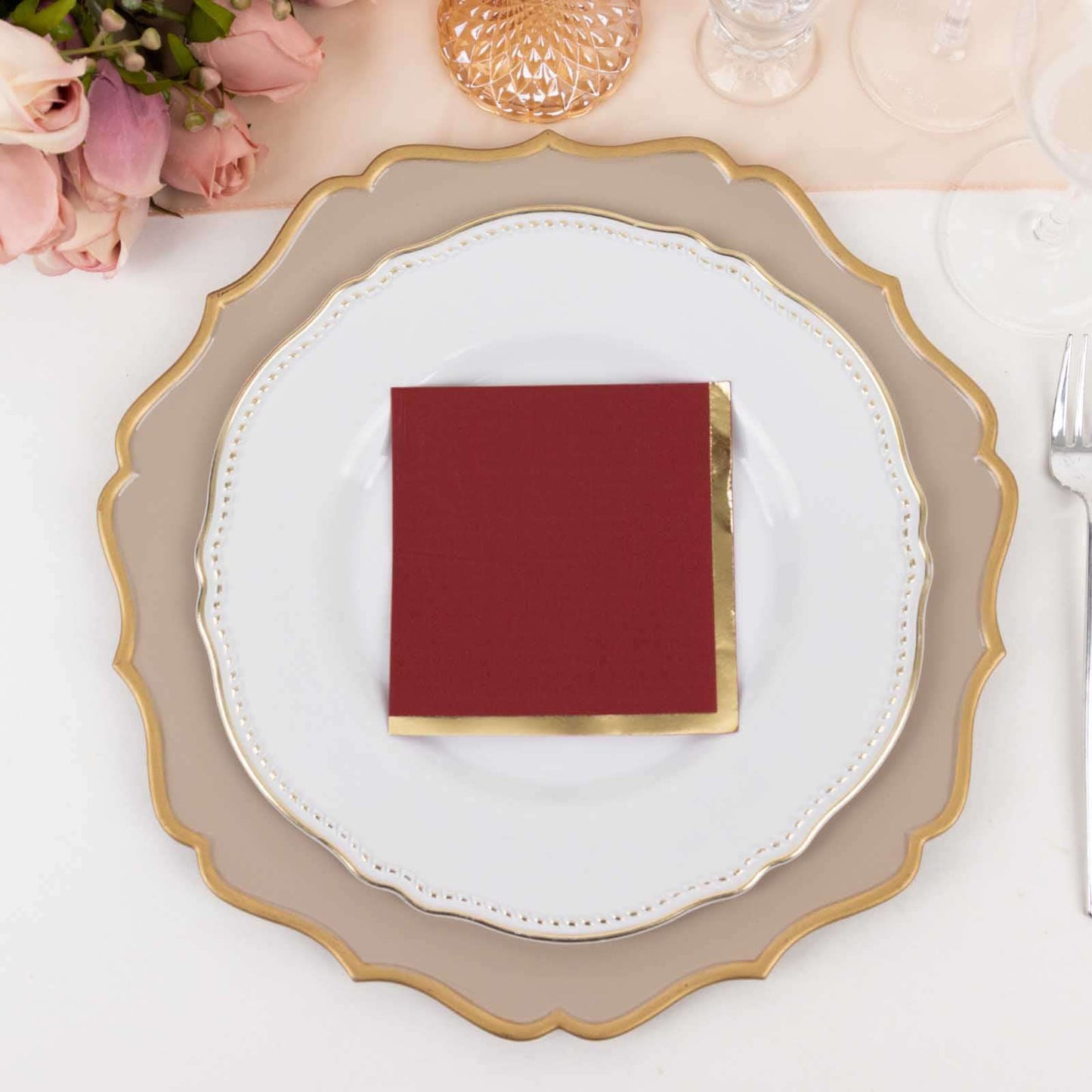 50-Pack Paper Beverage Napkins Burgundy with Gold Foil Edge - 2 Ply Disposable Soft 18GSM Cocktail Napkins 5"x5"