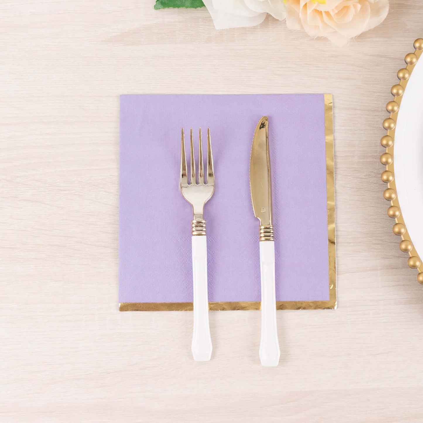 50-Pack Paper Beverage Napkins with Gold Foil Edge Lavender - Disposable 2 Ply Cocktail Napkins for Events 6.5"x6.5"