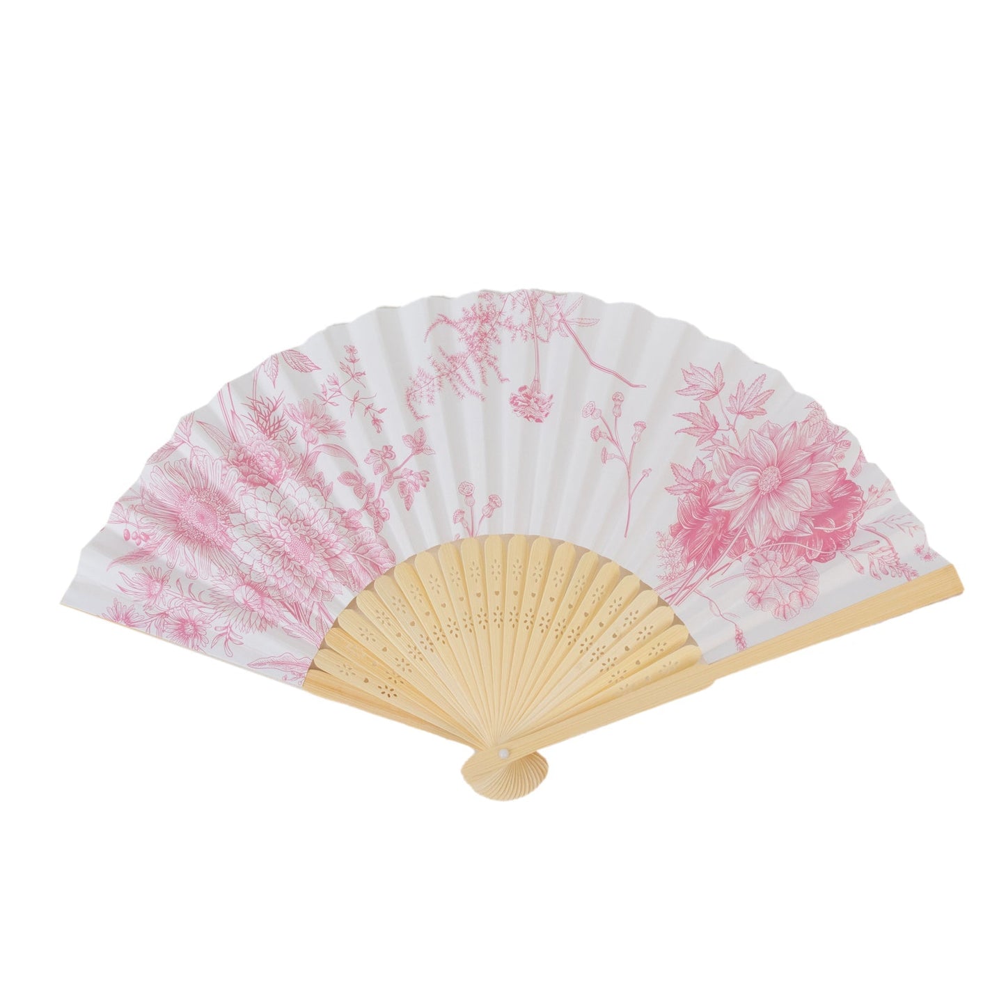 5-Pack Paper Folding Fans Party Favors in White & Pink French Toile Pattern, Handheld Fans with Bamboo Frame