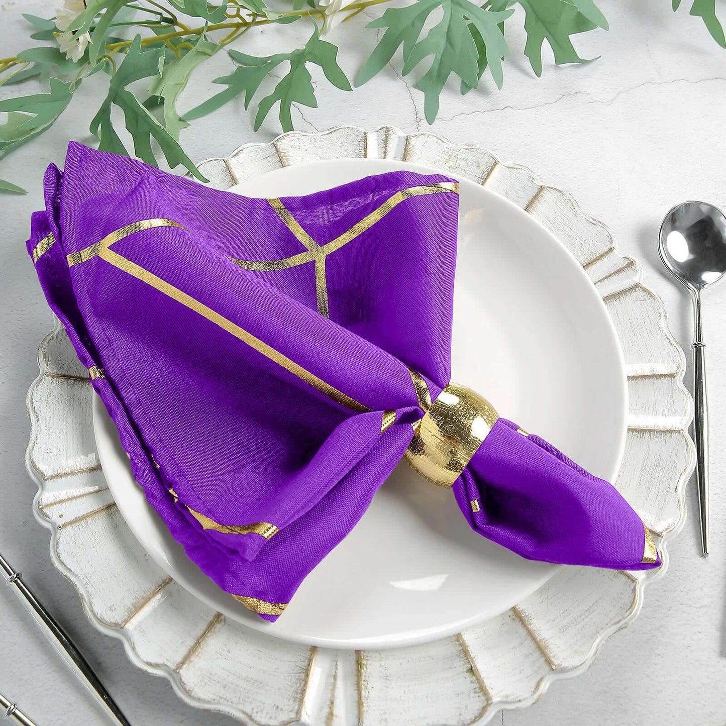 5 Pack Polyester 20"x20" Napkins Purple with Gold Geometric Foil Pattern - Modern Reusable Dinner Napkins
