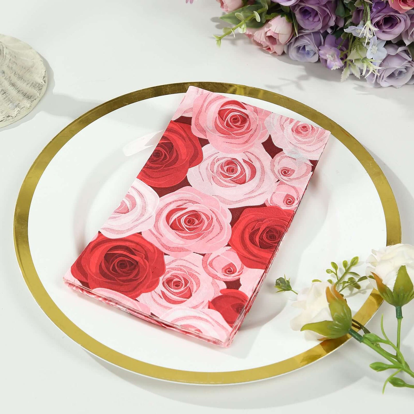 50-Pack Paper Dinner Napkins with Rose Floral Print Red/Pink 2 Ply - Stylish Boho Napkins for Events