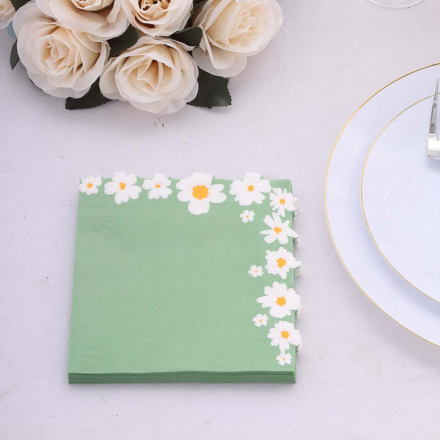 20-Pack Paper Beverage Napkins with Daisy Flower Design Sage Green - 2 Ply Soft 18GSM Floral Wedding Napkins 6.5"x6.5"