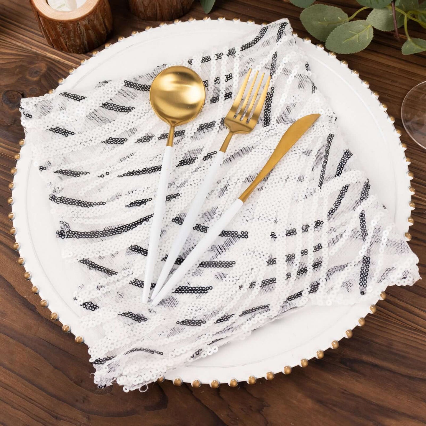 Sequin Mesh 20"x20" Napkin White Black - Wave Embroidered Reusable Napkin