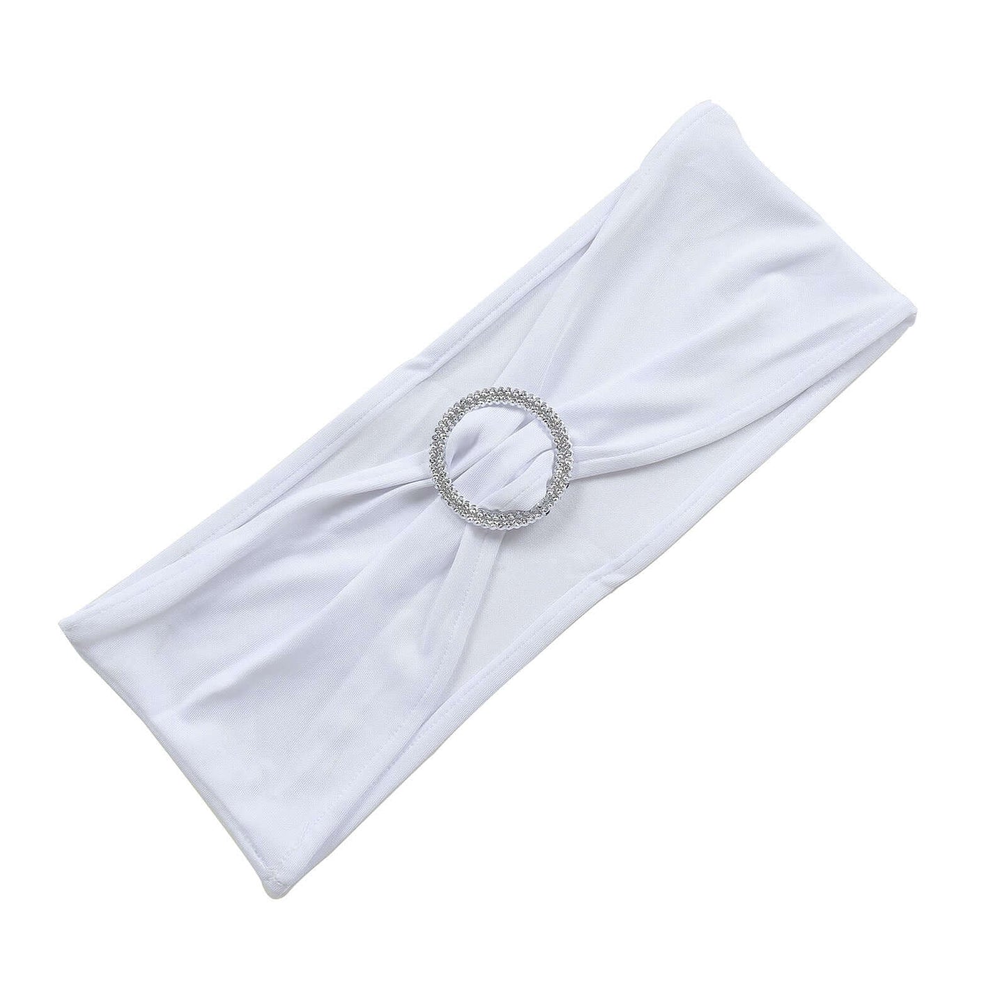 5 Pack Stretch Spandex Chair Sashes White - Classy Reusable Chair Bands with Silver Diamond Ring Slide Buckle 5"x14"