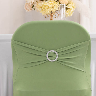 Stretch Spandex Chair Cover Sage Green for Folding Chairs - Secure Fit Slipcover with Silver Rhinestone Buckled Sash Band