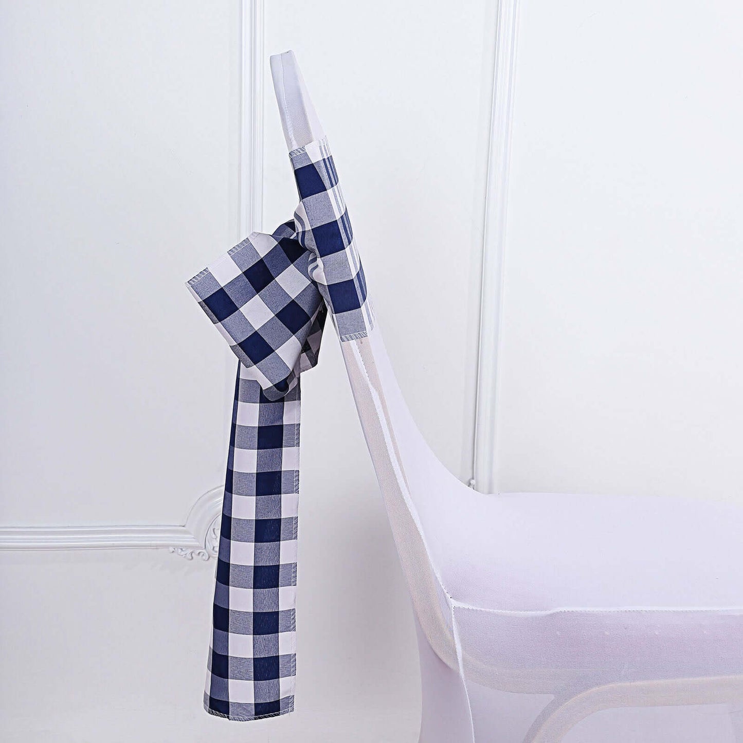 5 Pack Polyester Chair Sashes Navy Blue/White Buffalo Plaid - Durable & Reusable Chair Bows 6"x108"