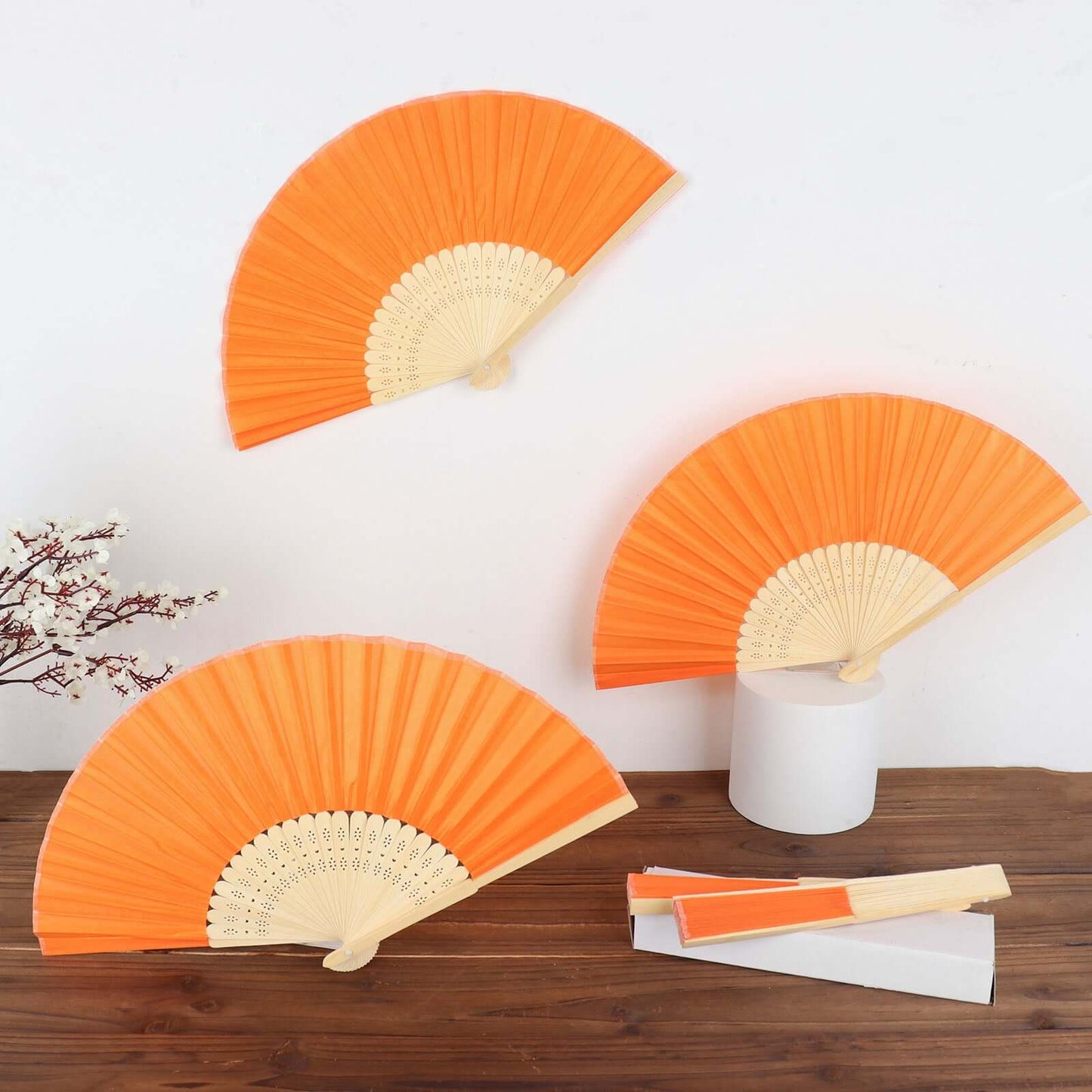 5 Pack Orange Asian Silk Folding Fans Party Favors, Oriental Folding Fan Favors