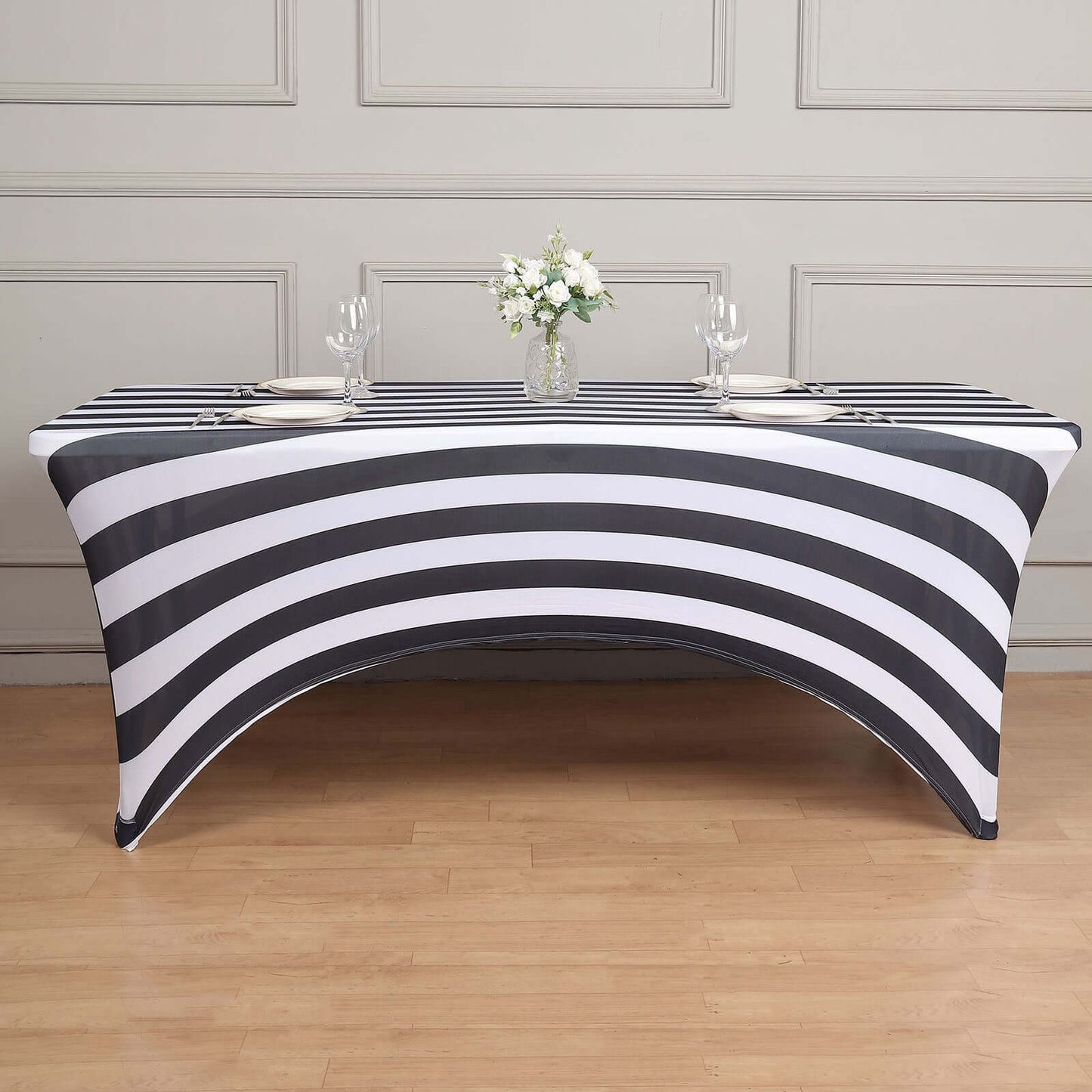 Stretch Spandex 72"x30" Rectangle Tablecloth Black/White Vertical Stripes - Durable Form-Fitting Table Cover for Events & Presentations