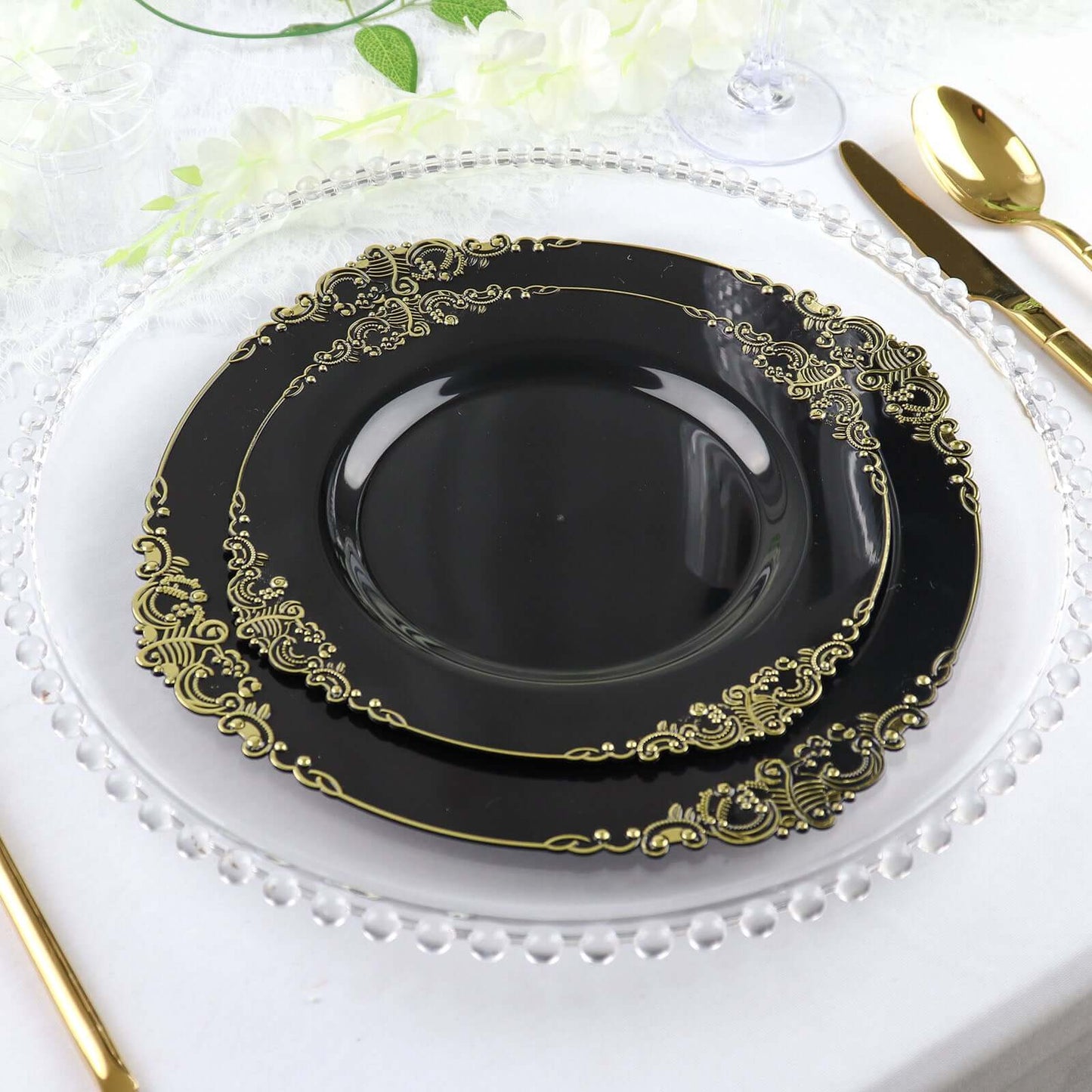 10-Pack Plastic 10" Round Dinner Plates in Black with Gold Leaf Embossed Rim - Disposable Vintage Baroque Style Plates for Luxurious Gatherings & Events