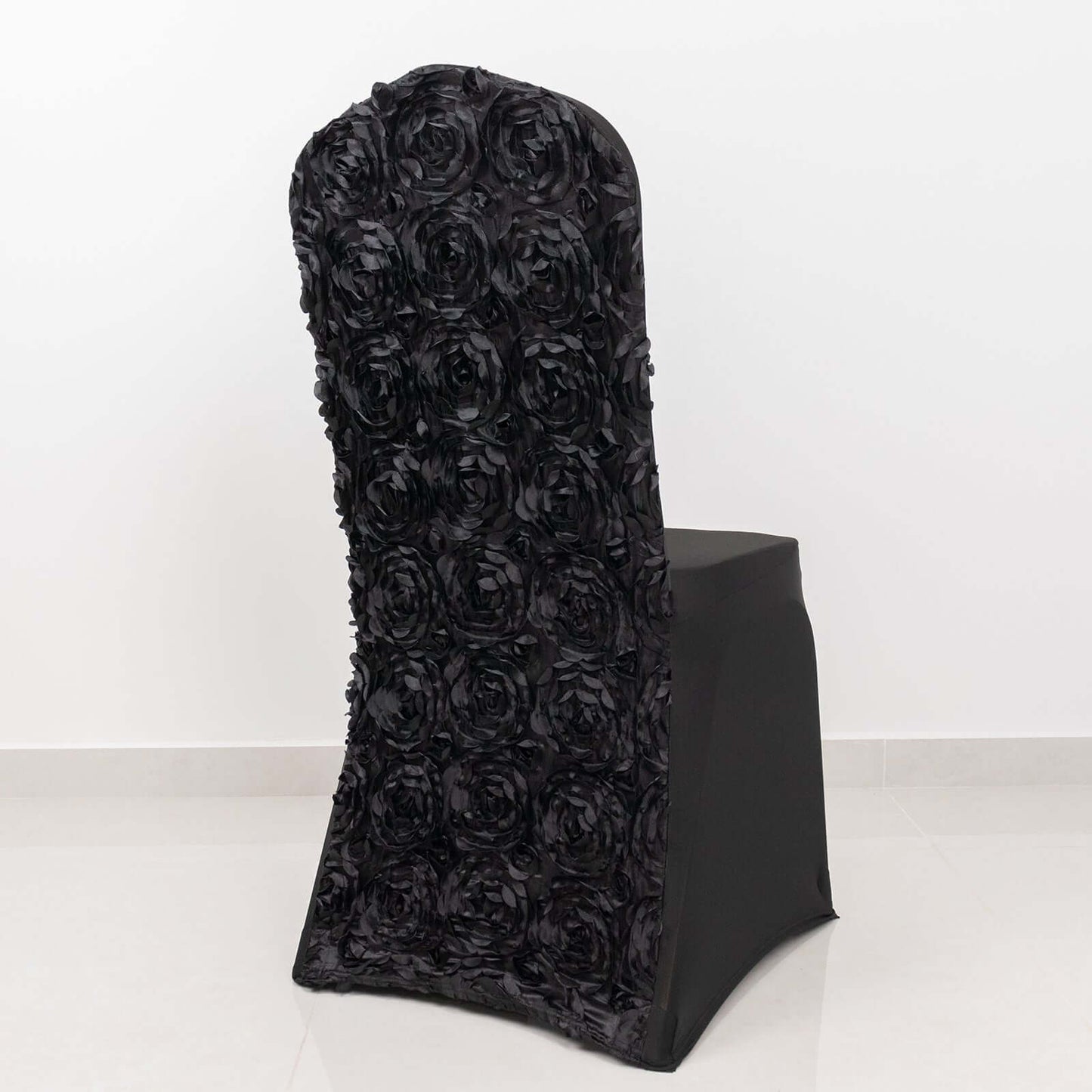 Satin Rosette Chair Cover for Banquet Chairs Black - Stretch Fitted Slip-On Slipcover