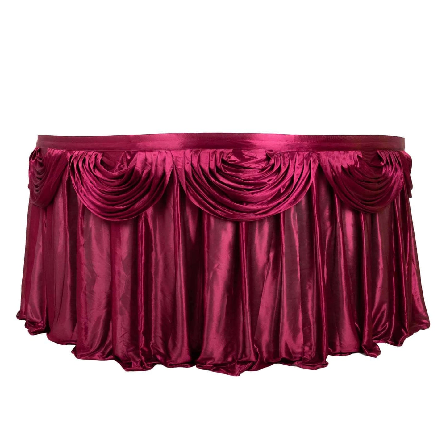 Satin 14ft Table Skirt Burgundy - Pleated Double Drape Table Cover