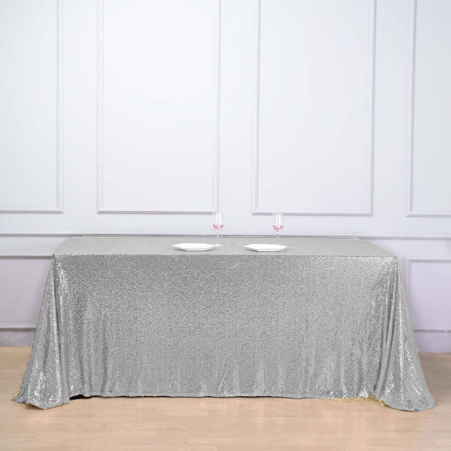 Sequin 90"x156" Rectangle Tablecloth Silver - Seamless Twinkling Table Cover