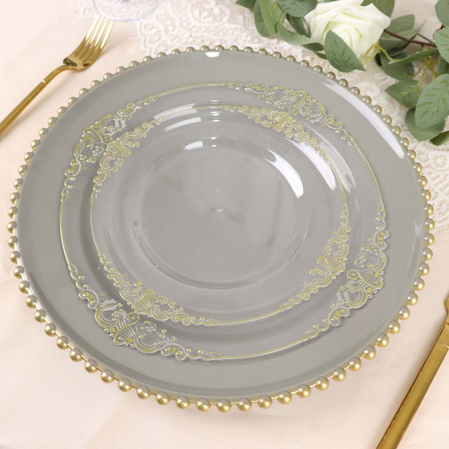 6-Pack Acrylic Round Charger Plates 13" in Charcoal Gray with Gold Beaded Rim, Decorative Dinner Party Charger Tableware