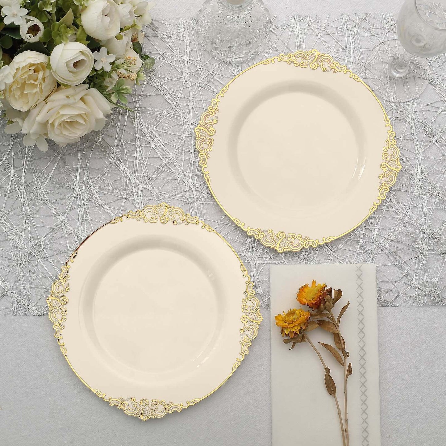 10-Pack Plastic 8" Round Dessert Plates in Ivory with Gold Leaf Embossed Rim - Disposable Vintage Baroque Style Salad Plates
