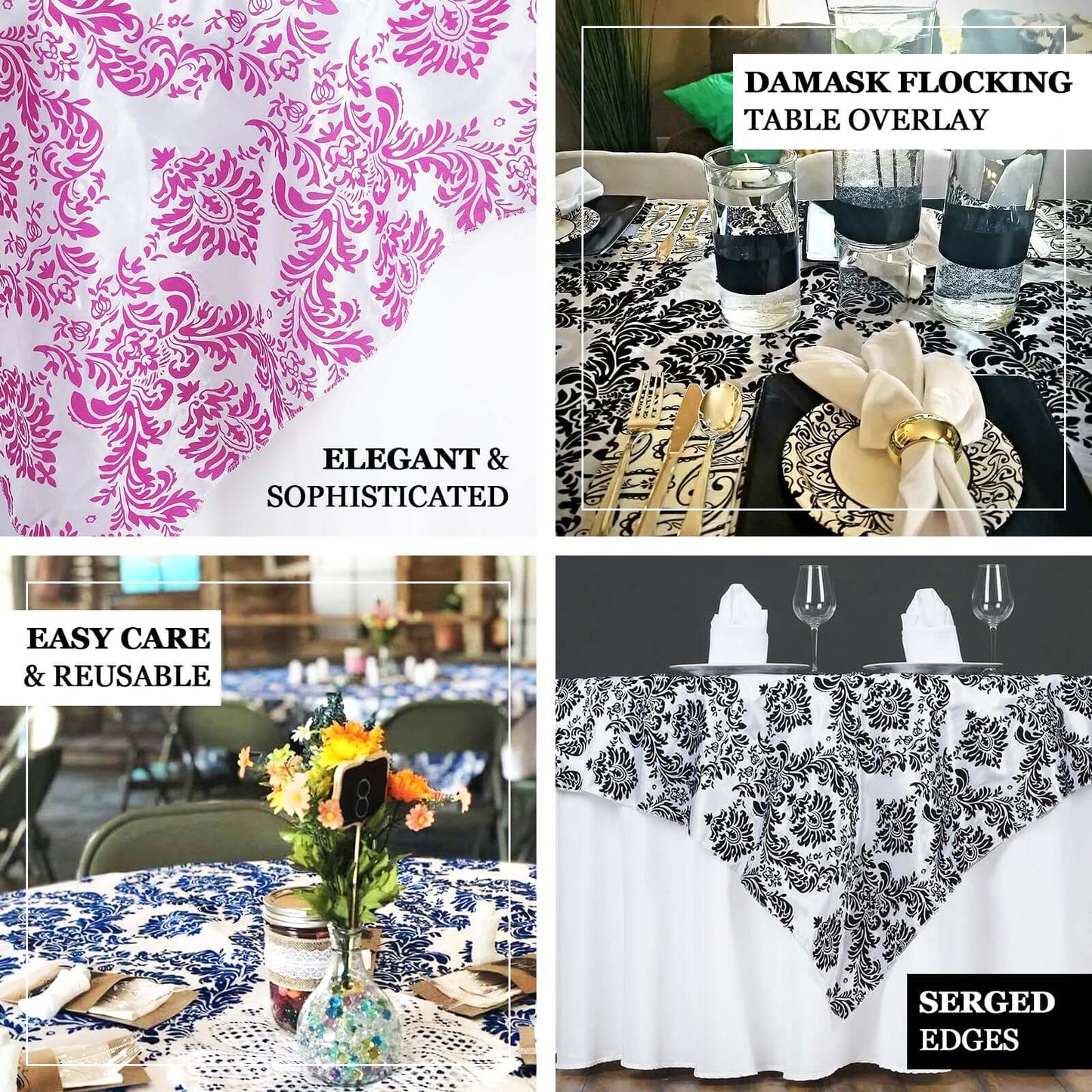 Flocking 60"x60" Table Overlay Square Tablecloth Black - Damask Design for Stylish Occasions