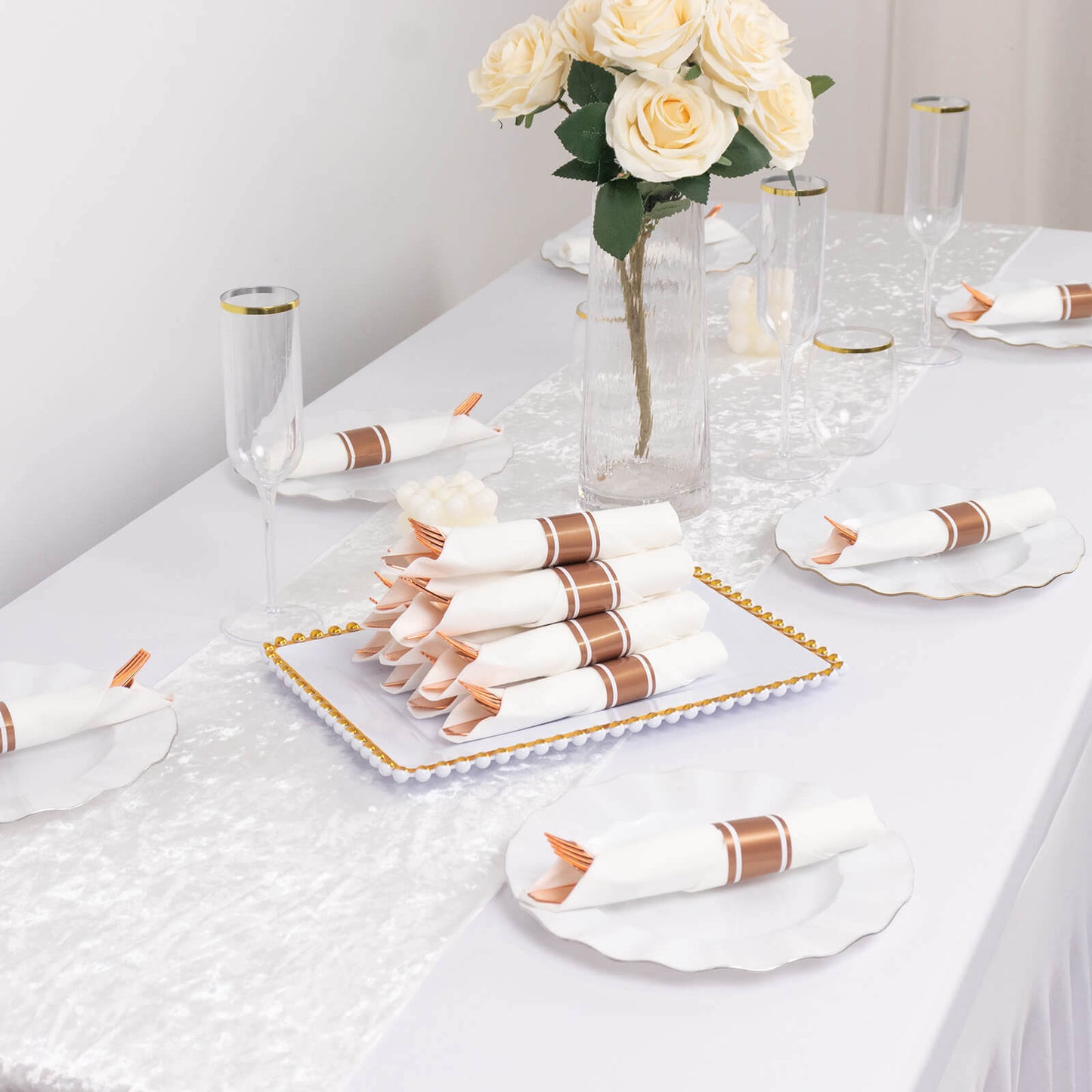 Set of 24 Rose Gold Plastic Silverware with Pre-Rolled White Paper Napkins - Disposable Wrapped Fork, Spoon, and Knife Set