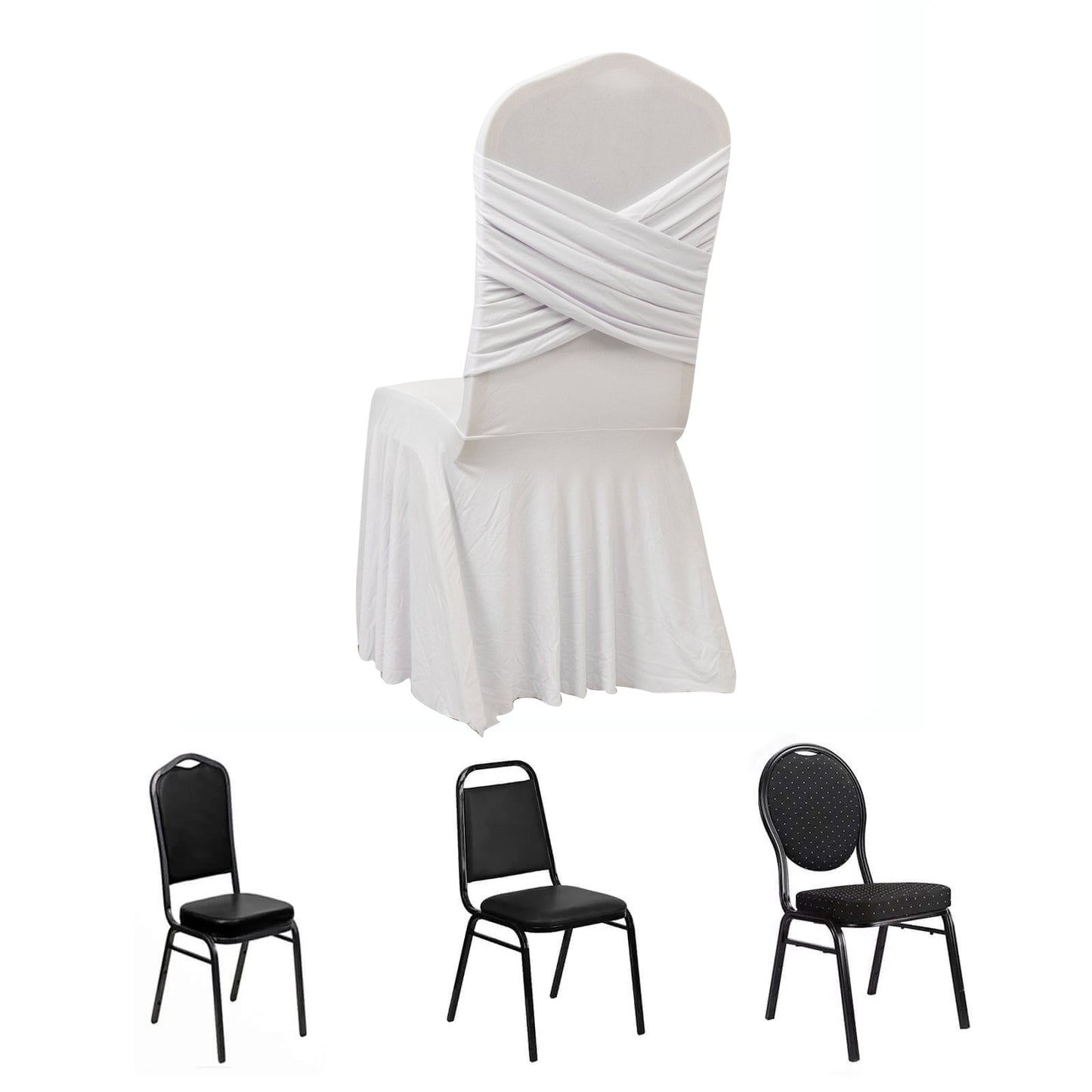 White Spandex Banquet Chair Cover with Ruffle Skirt & Cross Back Sash â€“ Stretch Slipcover for Events