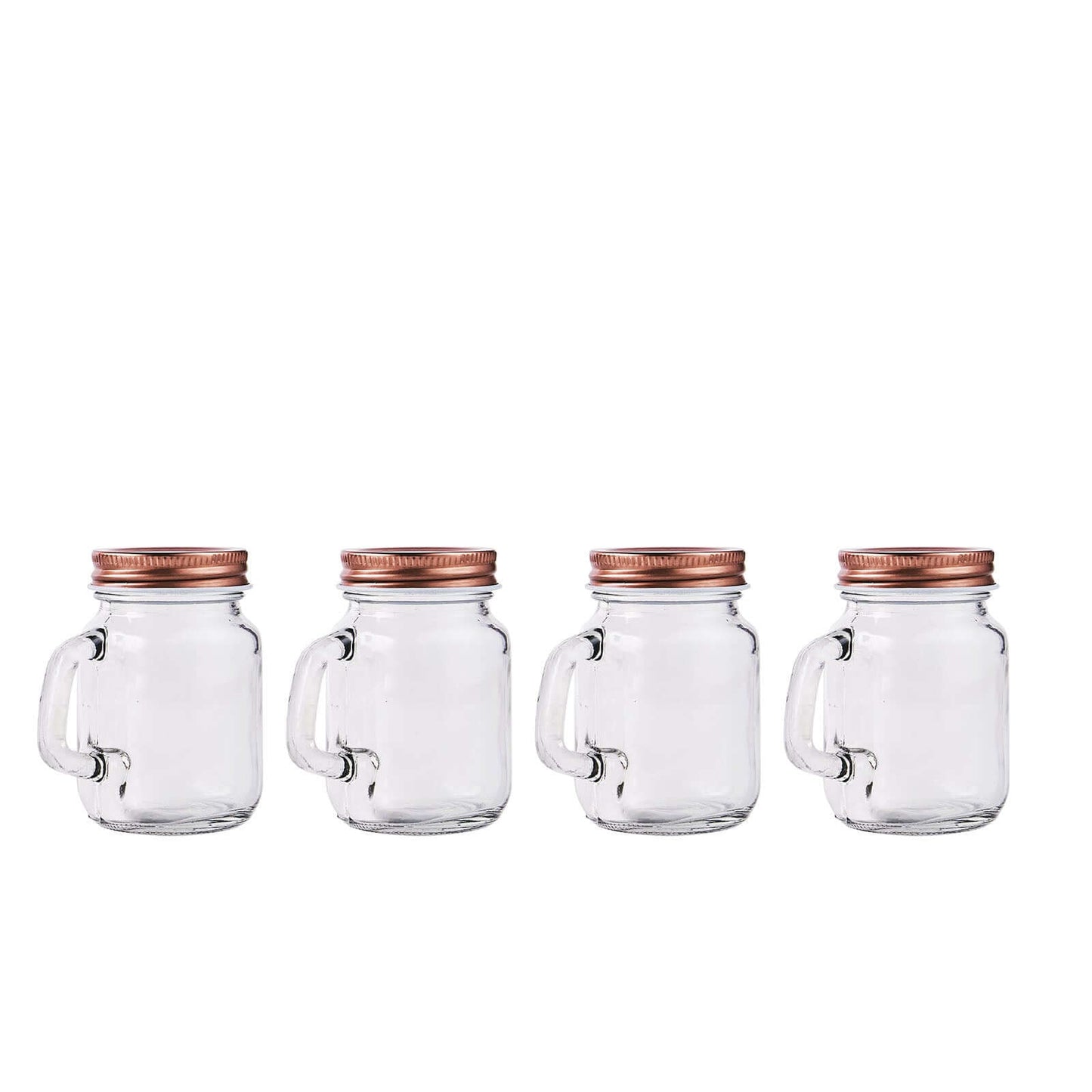 4-Pack Glass Mason Jars Rustic Design Clear with Handles and Rose Gold Screw-On Lids - Trendy Containers for Drinks & Events 4oz