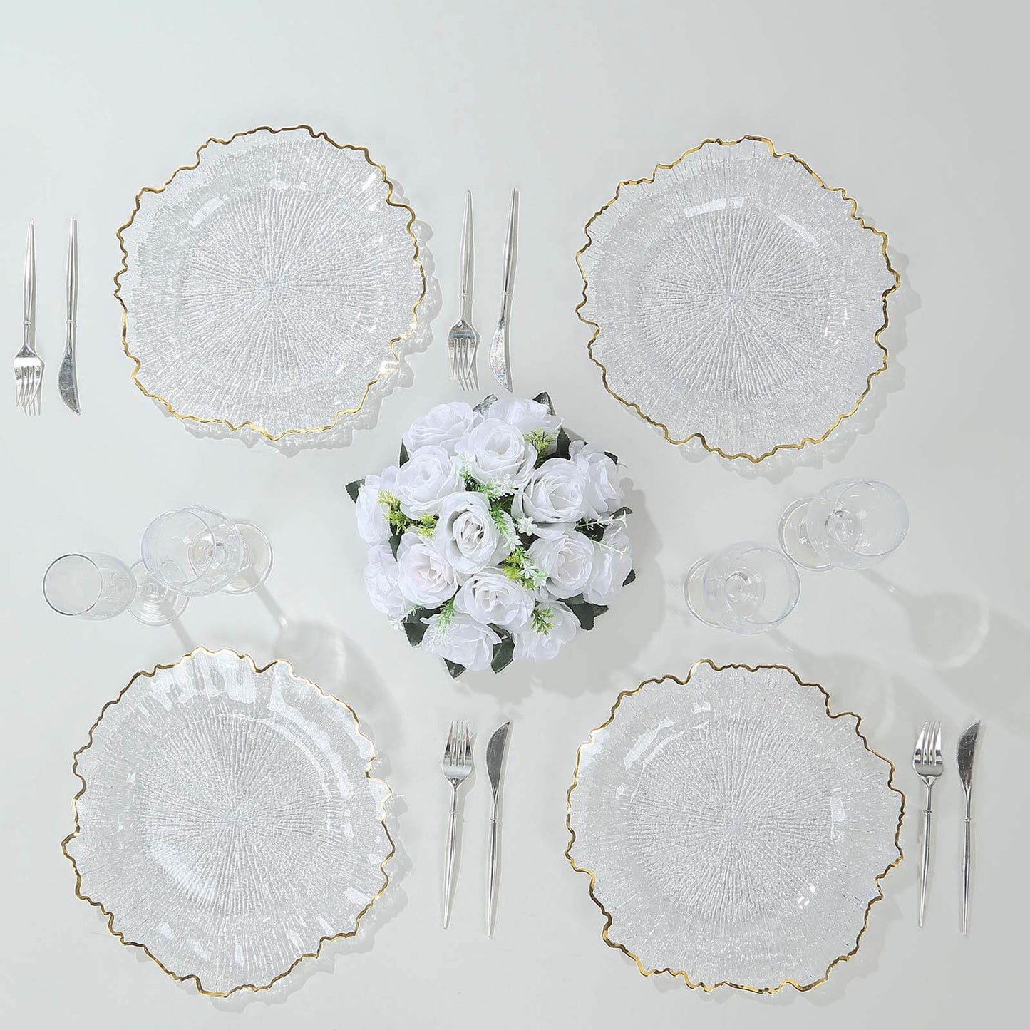 6-Pack Plastic Round Charger Plates 13" in Clear Reef Design with Gold Rim, Decorative Dinner Party Serving Plates
