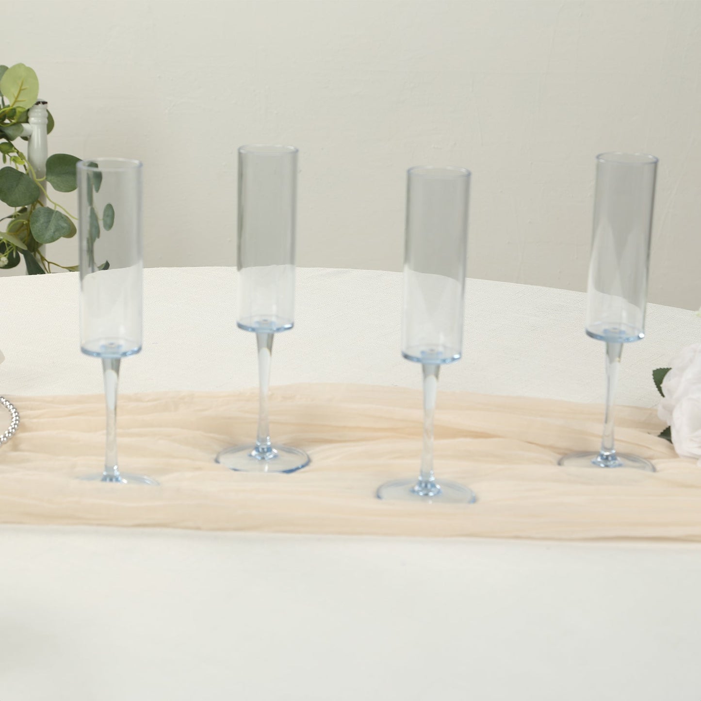 6-Pack Plastic Wine Mimosa Goblets Transparent Dusty Blue Cylindrical Shape - Reusable Champagne Flute Glasses 9.5" Tall 6oz