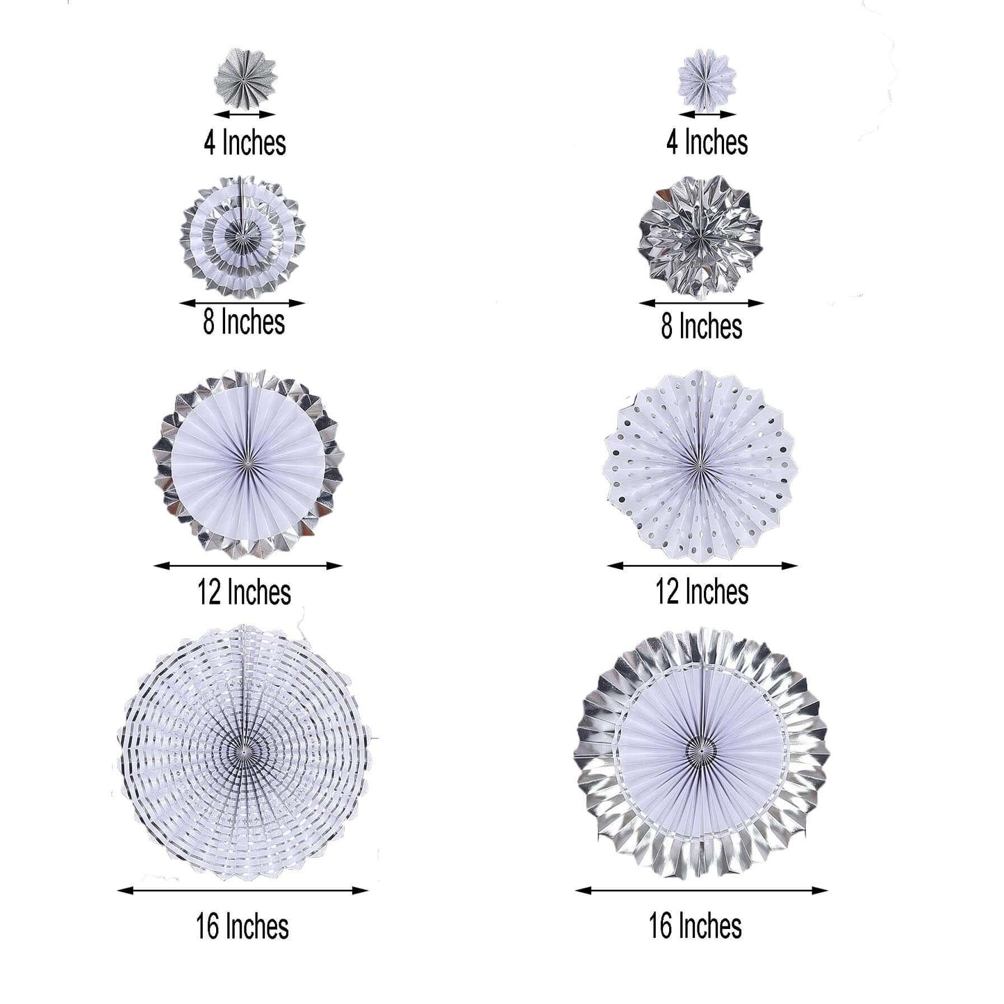 Set of 8 Silver White Hanging Paper Fan Decorations, Pinwheel Wall Backdrop Party Kit - 4", 8", 12", 16"