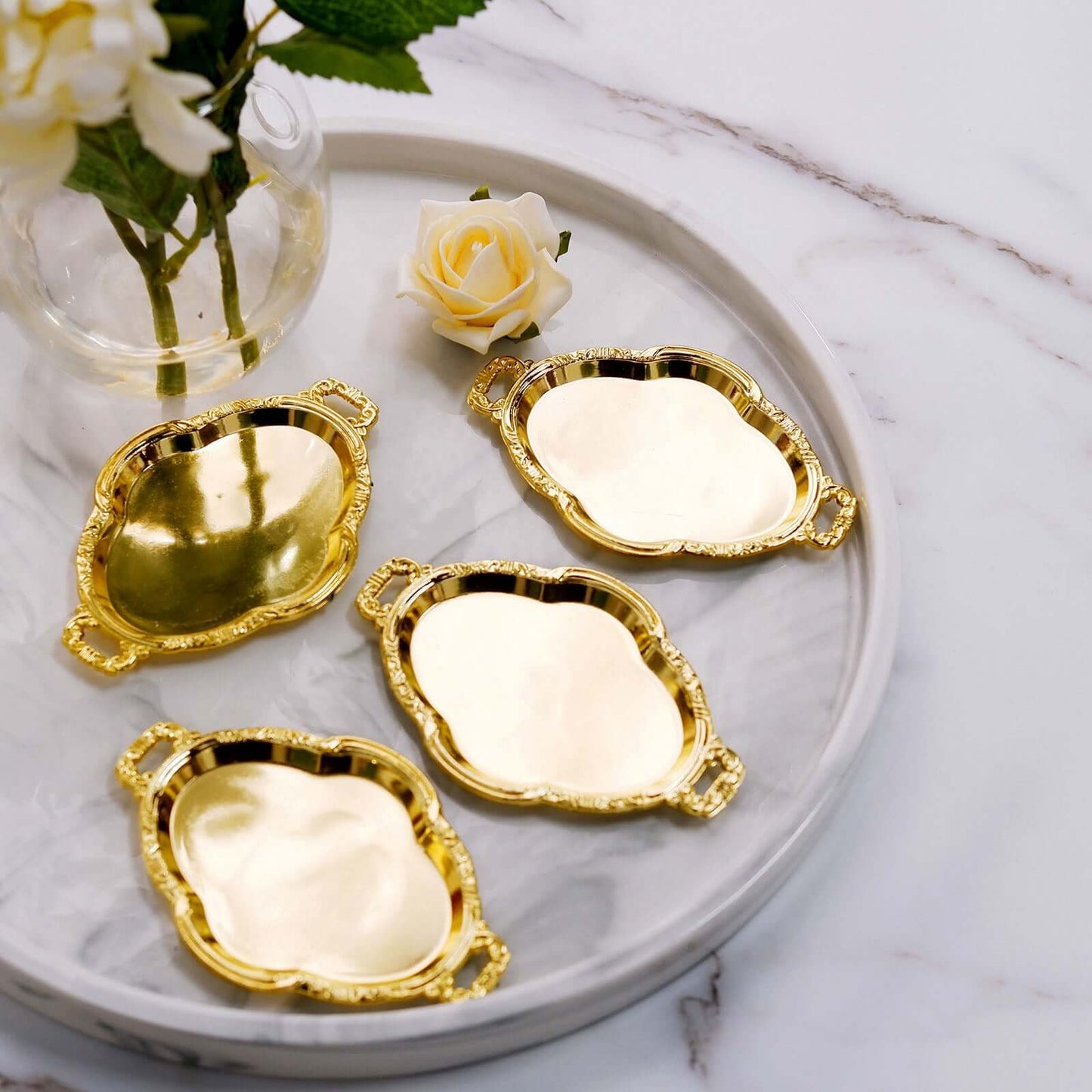12-Pack Display Trays Party Favor Baroque Oval Design Gold - Mini Serving Platters for Sweets and Desserts 4.5"