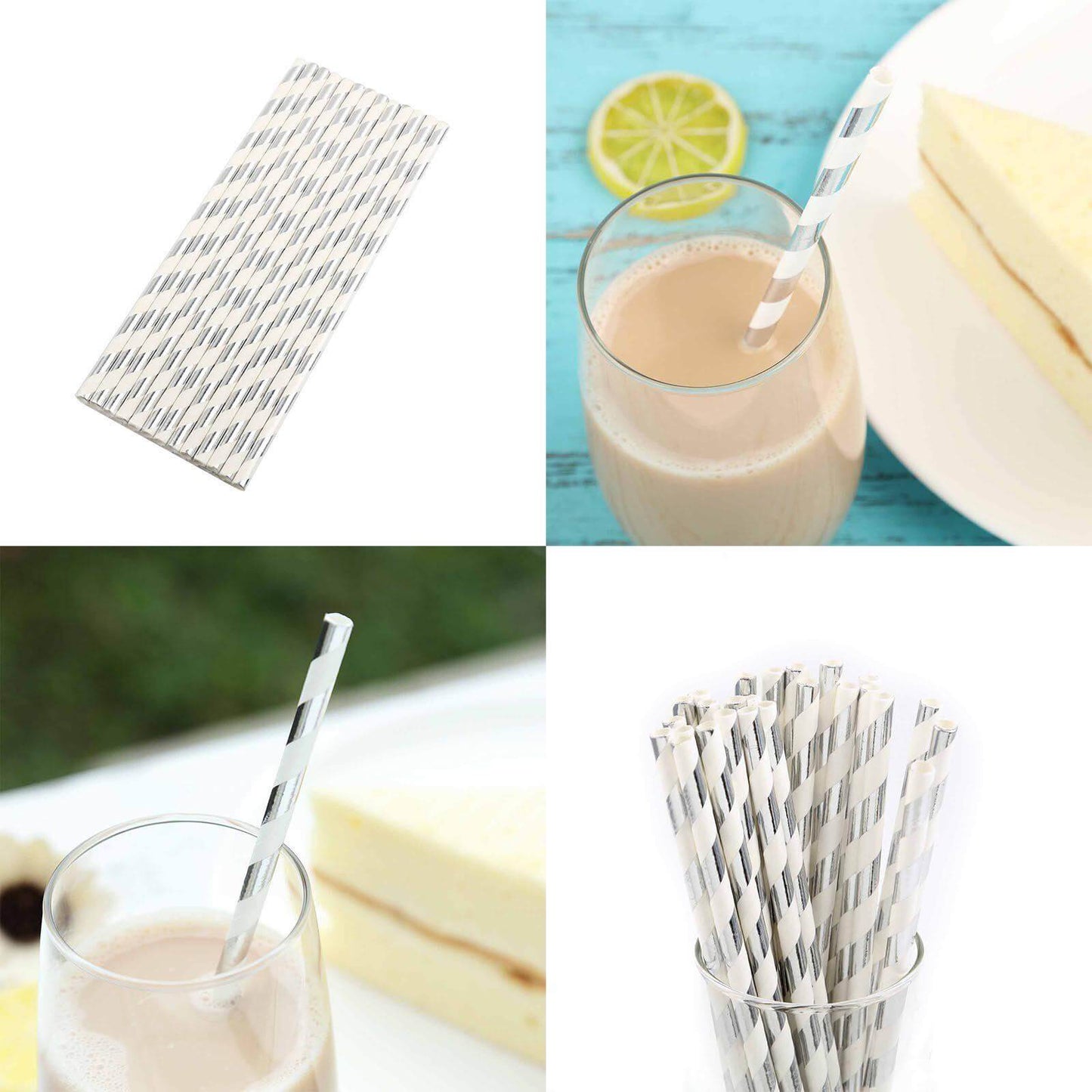 25-Pack Paper Straws White/Silver Striped - Stylish Disposable Straws for Drinks 8"