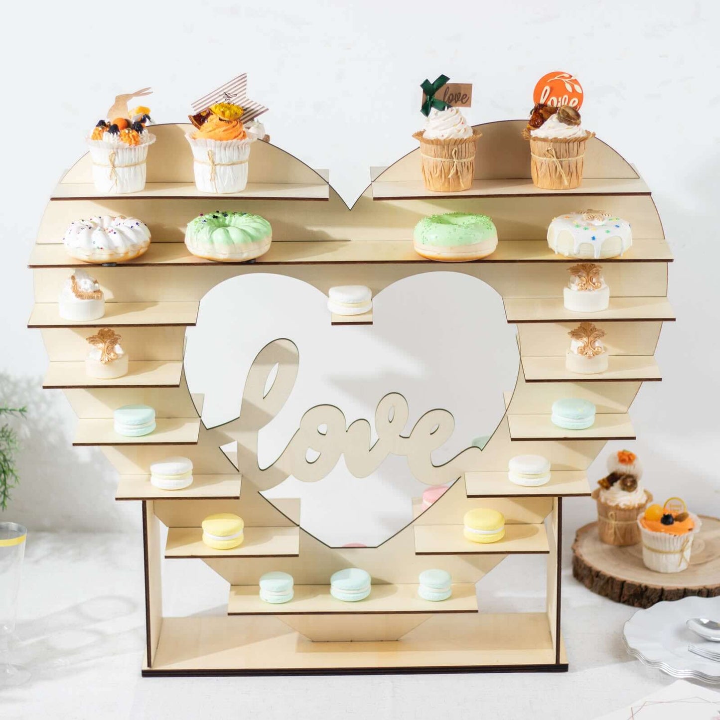 8-Layer Wooden Dessert Display Stand Heart Shaped Double Sided Design Natural - "Love" Cupcake Shelf Table Rack 26"