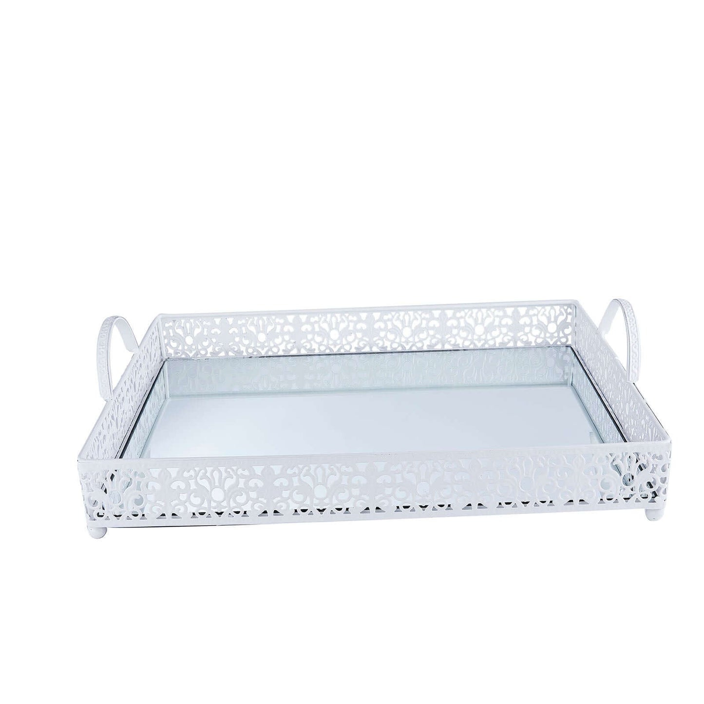 Metal Mirrored Rectangle Serving Tray 16"x12" in White Fleur De Lis Design with Handles, French Inspired Decorative Vanity Tray Centerpiece